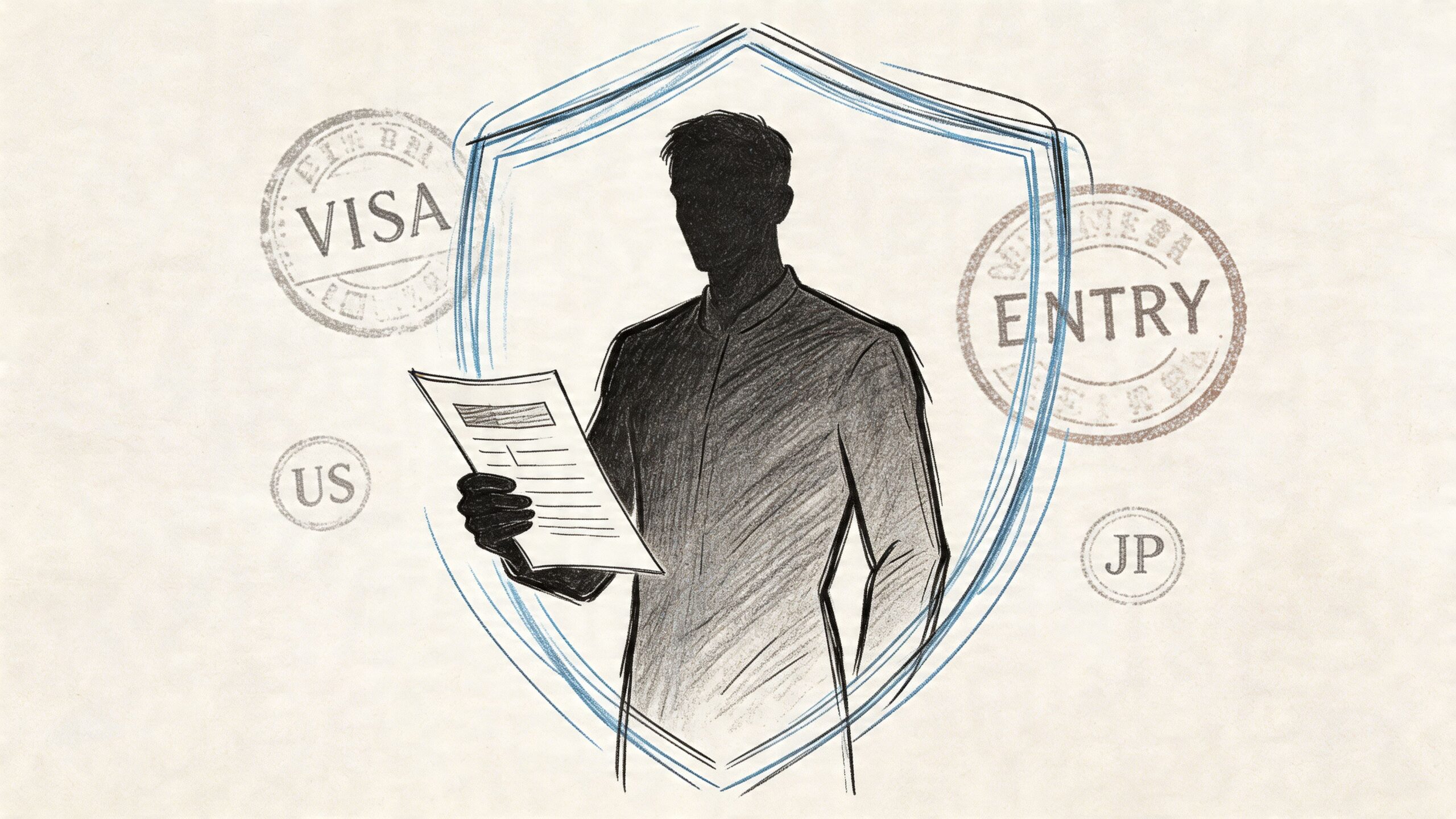 Seguro de Accidentes Personales: Guía Esencial para España 2 Ilustración de una silueta masculina sosteniendo un documento frente a un escudo, simbolizando seguridad en viajes internacionales.