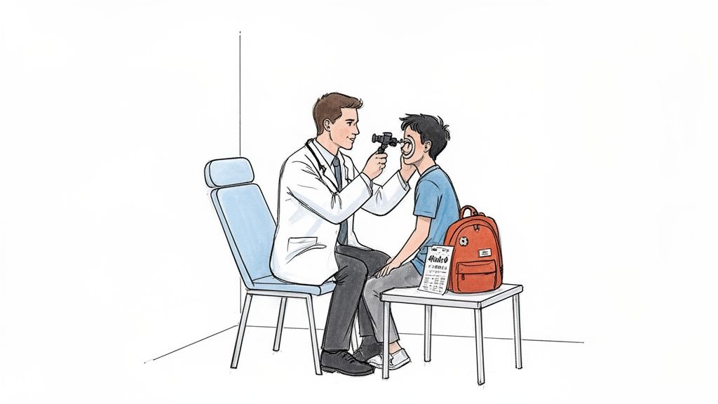 Precio Otorrino Privado 2026: Guía Completa de Costes 2 Un médico examina cuidadosamente el ojo de un niño con un oftalmoscopio en una clínica médica.