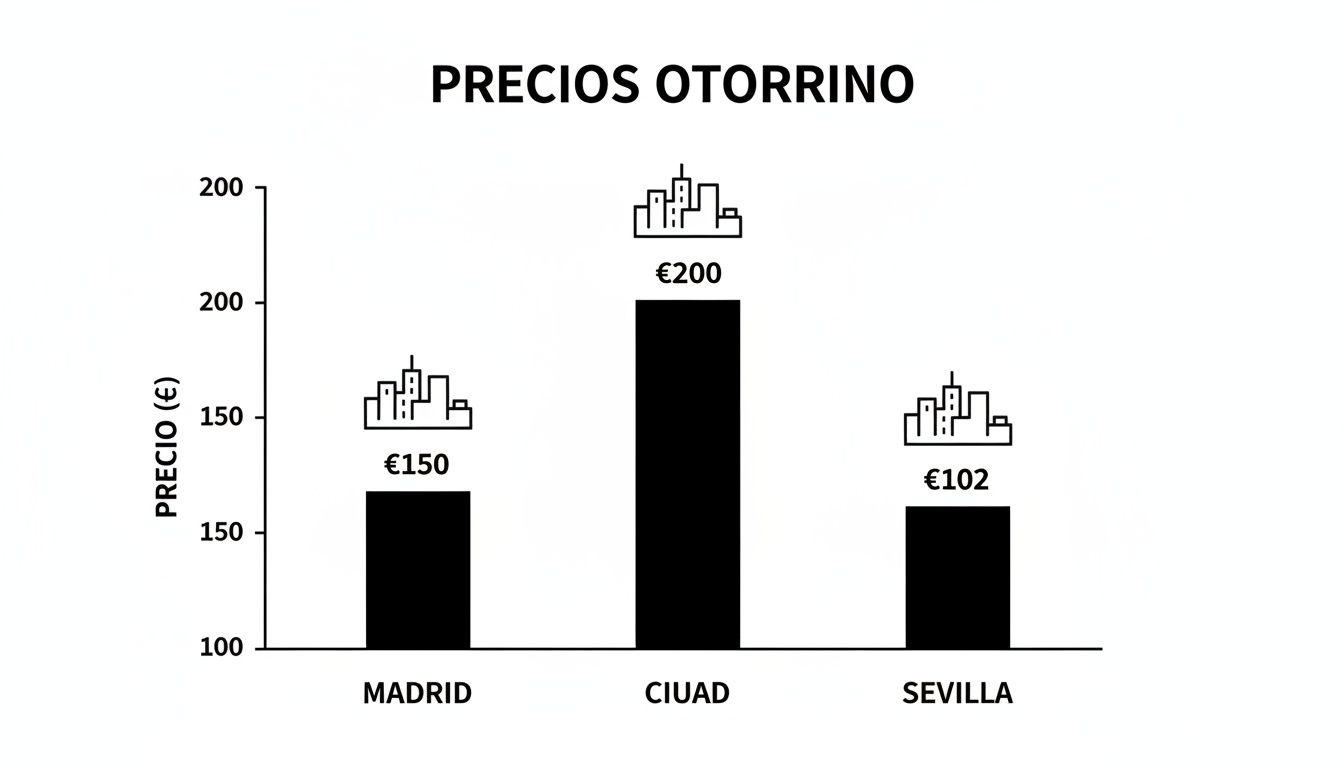 Precio Otorrino Privado 2026: Guía Completa de Costes 1 Gráfico de barras que compara los precios de otorrinolaringólogo en Madrid, Ciudad y Sevilla.