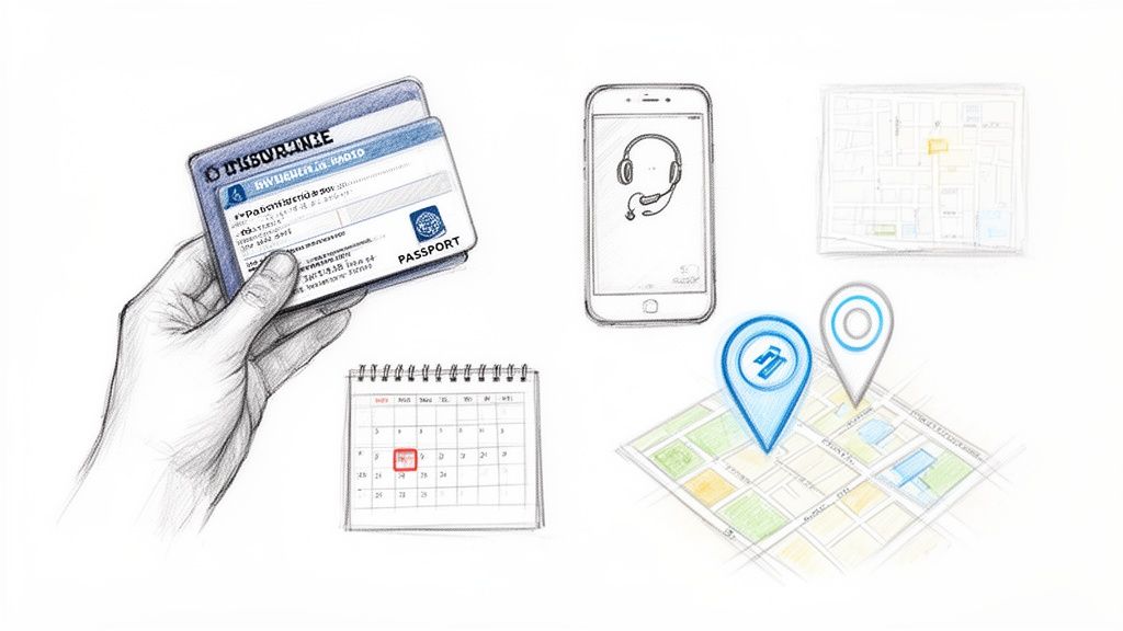 Precio Otorrino Privado 2026: Guía Completa de Costes 4 Ilustración de planificación de servicios: mano con documentos, calendario, móvil con soporte y mapa con ubicaciones.