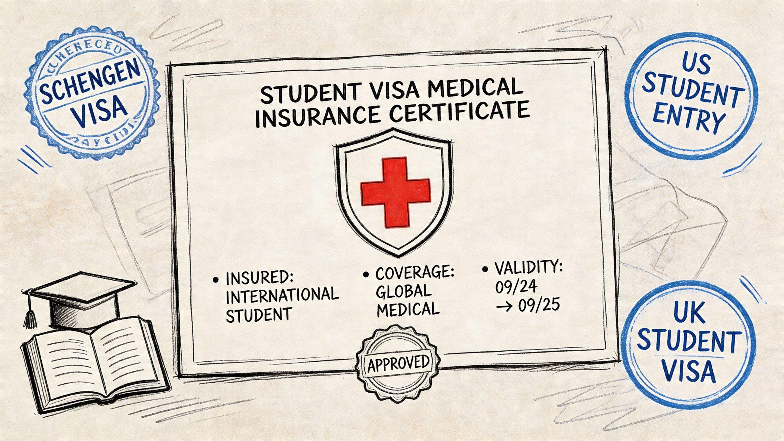 Certificado Provisional Sustitutorio Guía Visado Estudiante 1 Un certificado de seguro médico para estudiantes internacionales con sellos de visas Schengen, EE. UU. y Reino Unido.