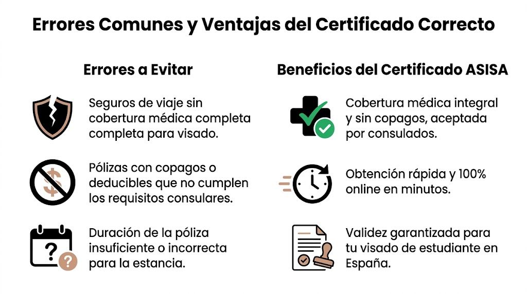 Certificado Provisional Sustitutorio Guía Visado Estudiante 4 Comparativa sobre errores al contratar seguros de viaje y beneficios del certificado médico ASISA para estudiantes.