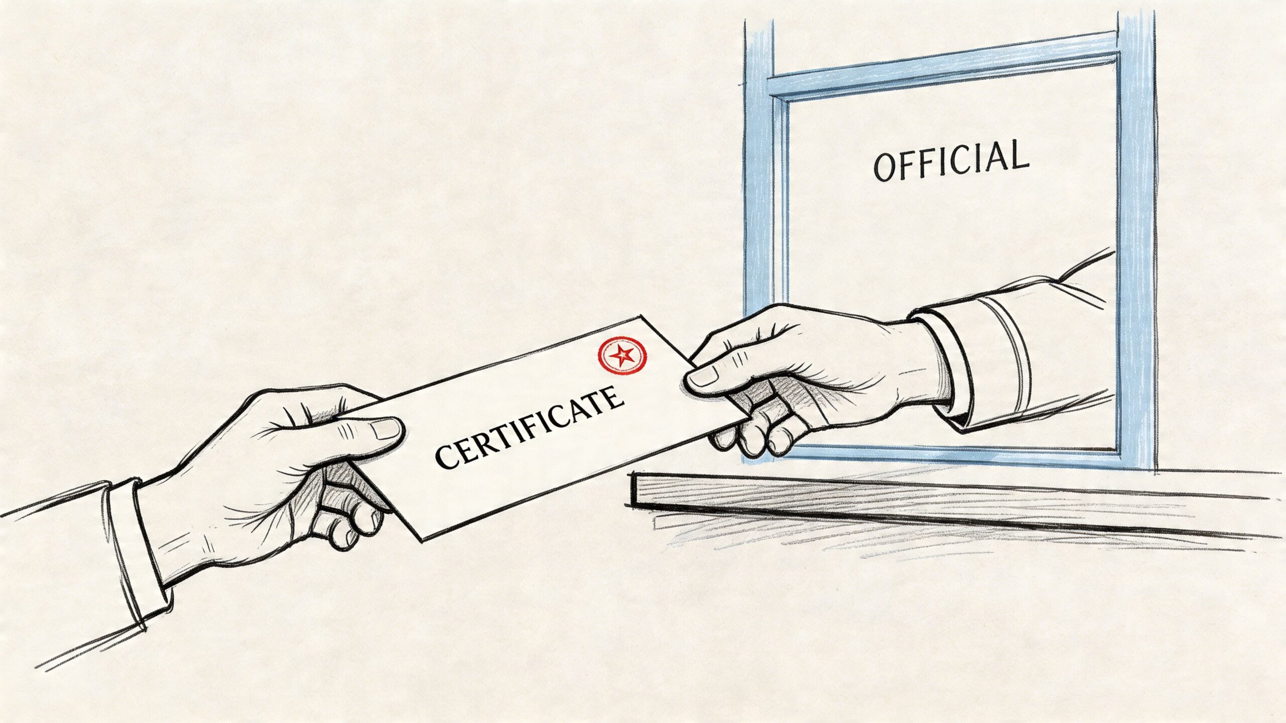 Certificado Provisional Sustitutorio Guía Visado Estudiante 3 Una mano entregando un documento oficial marcado como certificado a través de una ventanilla de atención pública.