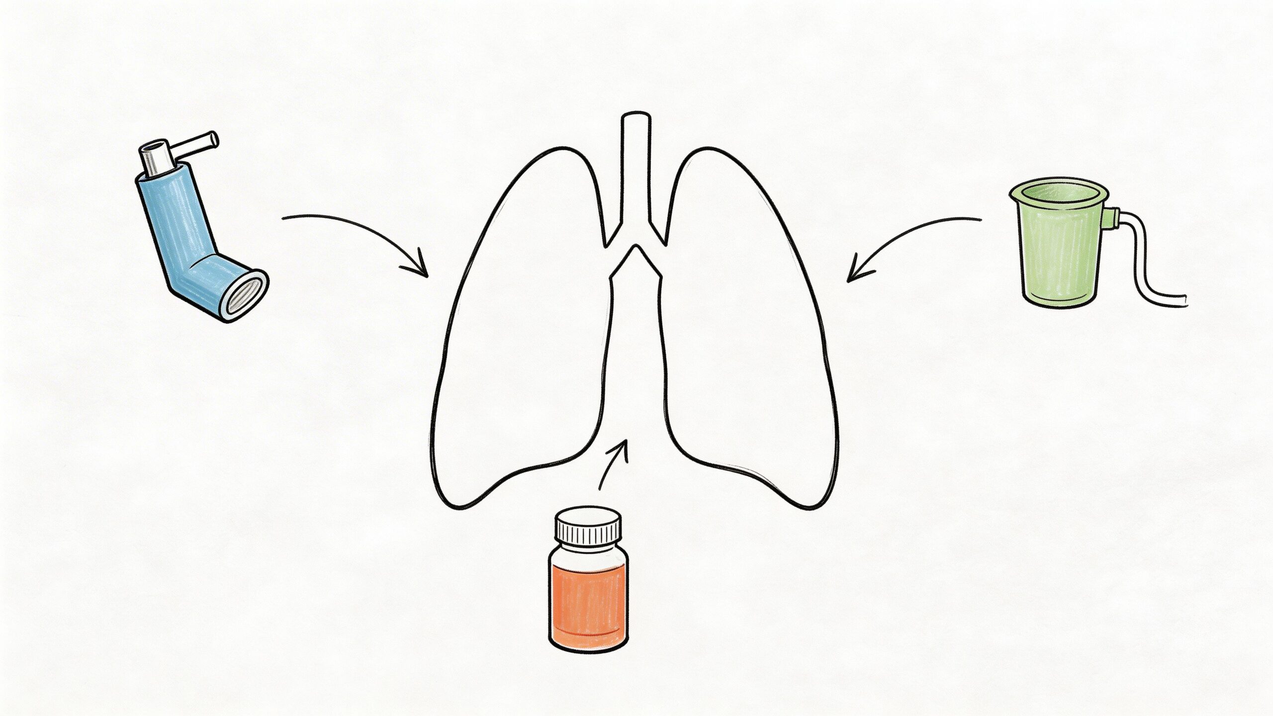Enfisema Pulmonar Tratamiento: Guía Completa 2026 2 Ilustración médica que muestra opciones de tratamiento para los pulmones, incluyendo inhalador, nebulizador y frasco de medicamento.