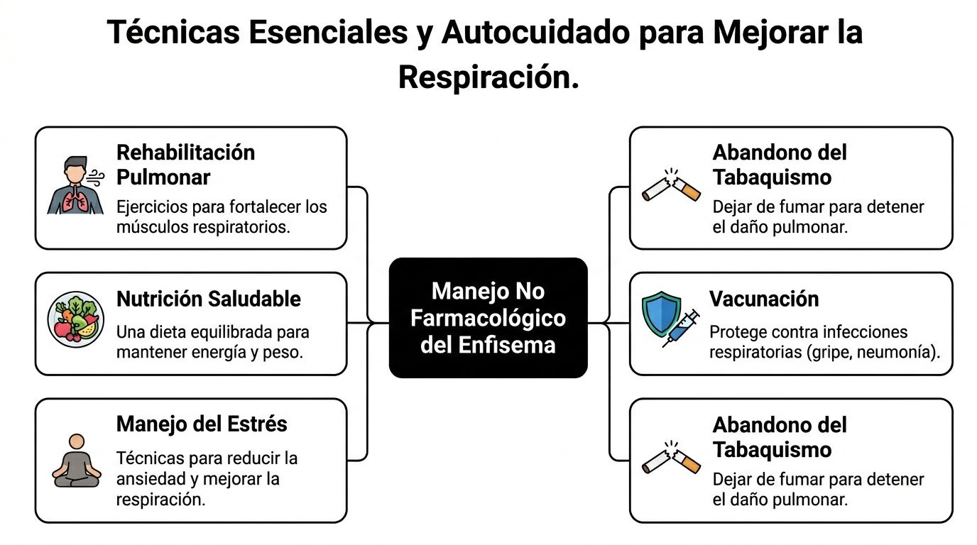 Enfisema Pulmonar Tratamiento: Guía Completa 2026 3 Infografía sobre manejo no farmacológico del enfisema, detallando técnicas esenciales y cuidados para mejorar la respiración.