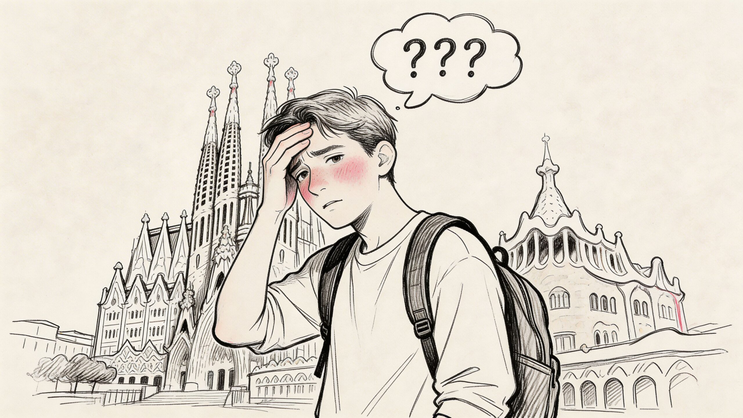 Baja laboral por enfermedad: Guía Completa para 2026 1 Un joven estudiante estresado y confundido frente a la Sagrada Familia de Barcelona con signos de preocupación.