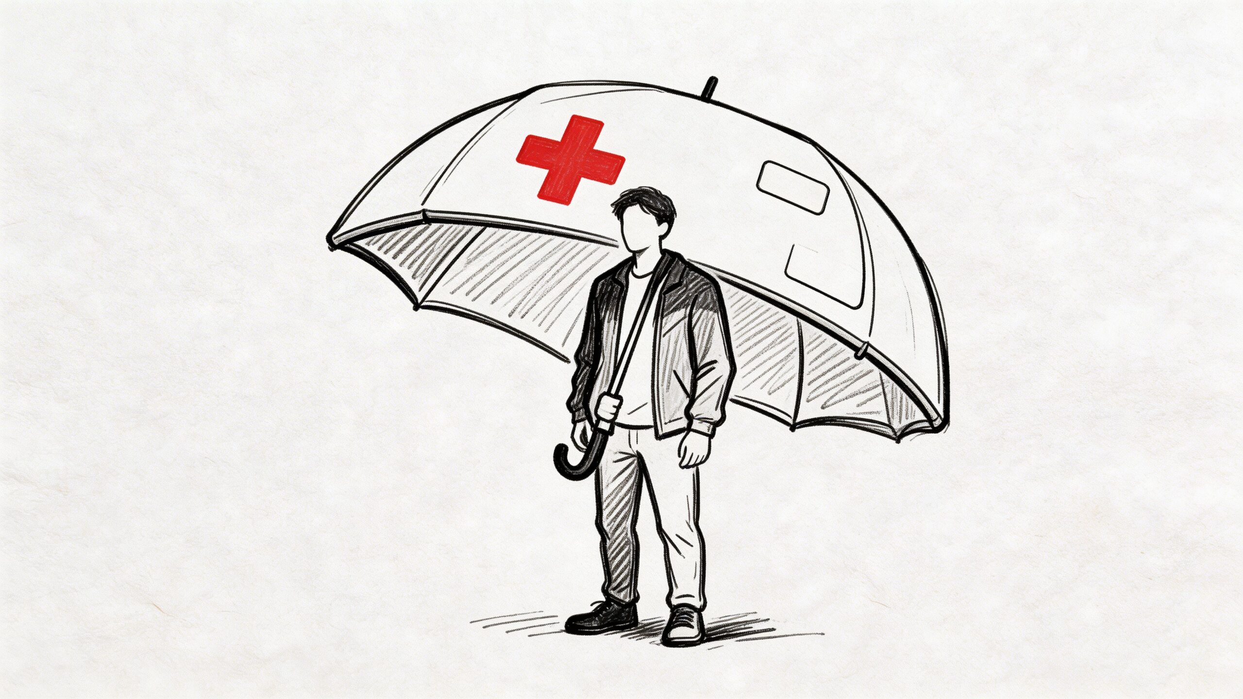 Baja laboral por enfermedad: Guía Completa para 2026 4 Ilustración de una persona protegida bajo un paraguas grande con una cruz roja médica encima.
