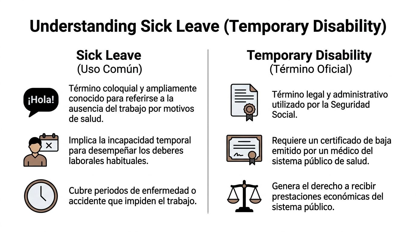 Baja laboral por enfermedad: Guía Completa para 2026 2 Infografía comparativa que explica la diferencia entre el término coloquial baja laboral y el concepto administrativo incapacidad temporal.