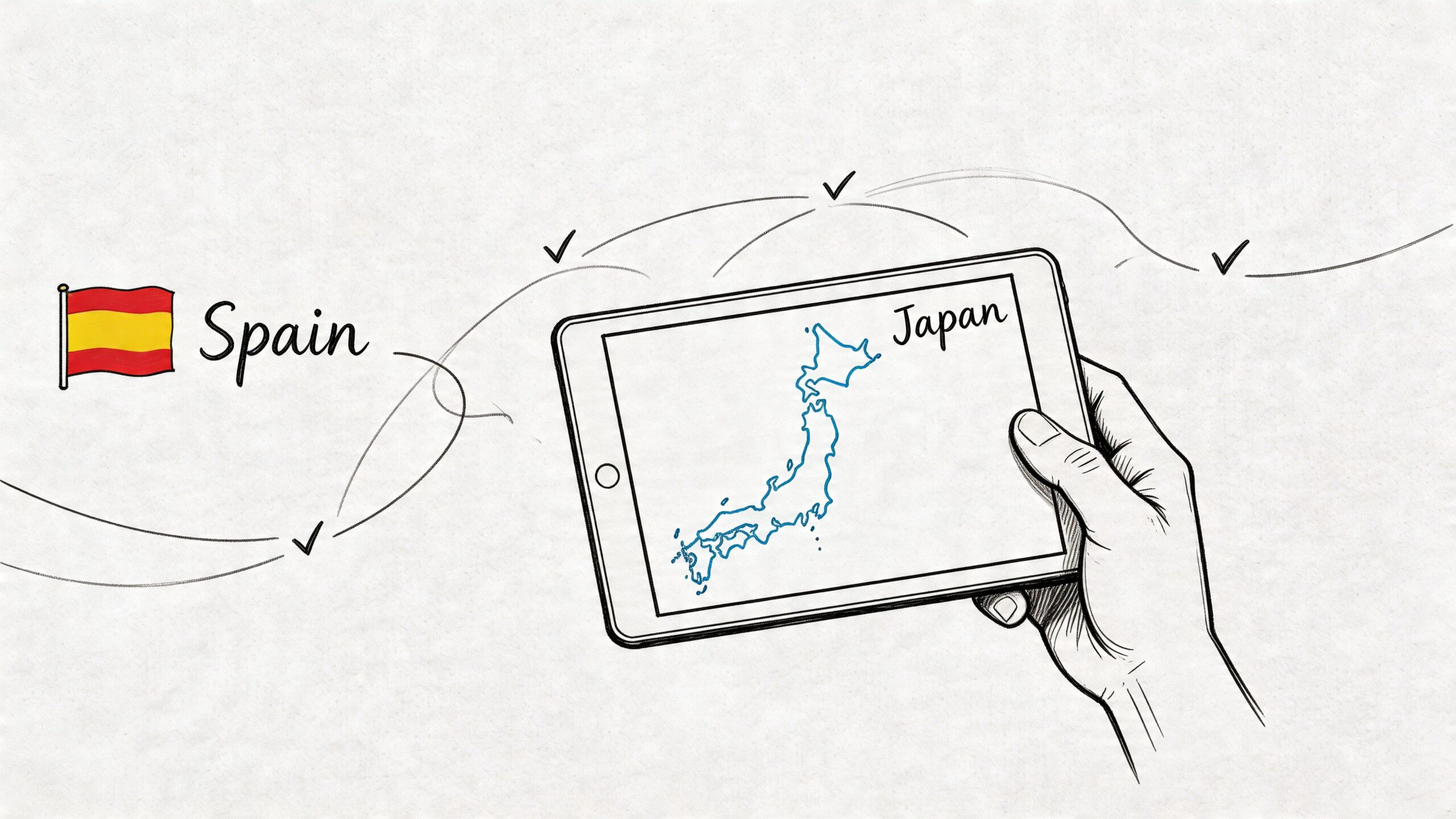 Los mejores seguros de viaje japon: Guía completa 2026 3 Ilustración de una mano sosteniendo una tableta mostrando el mapa de Japón, conectada con la bandera de España.
