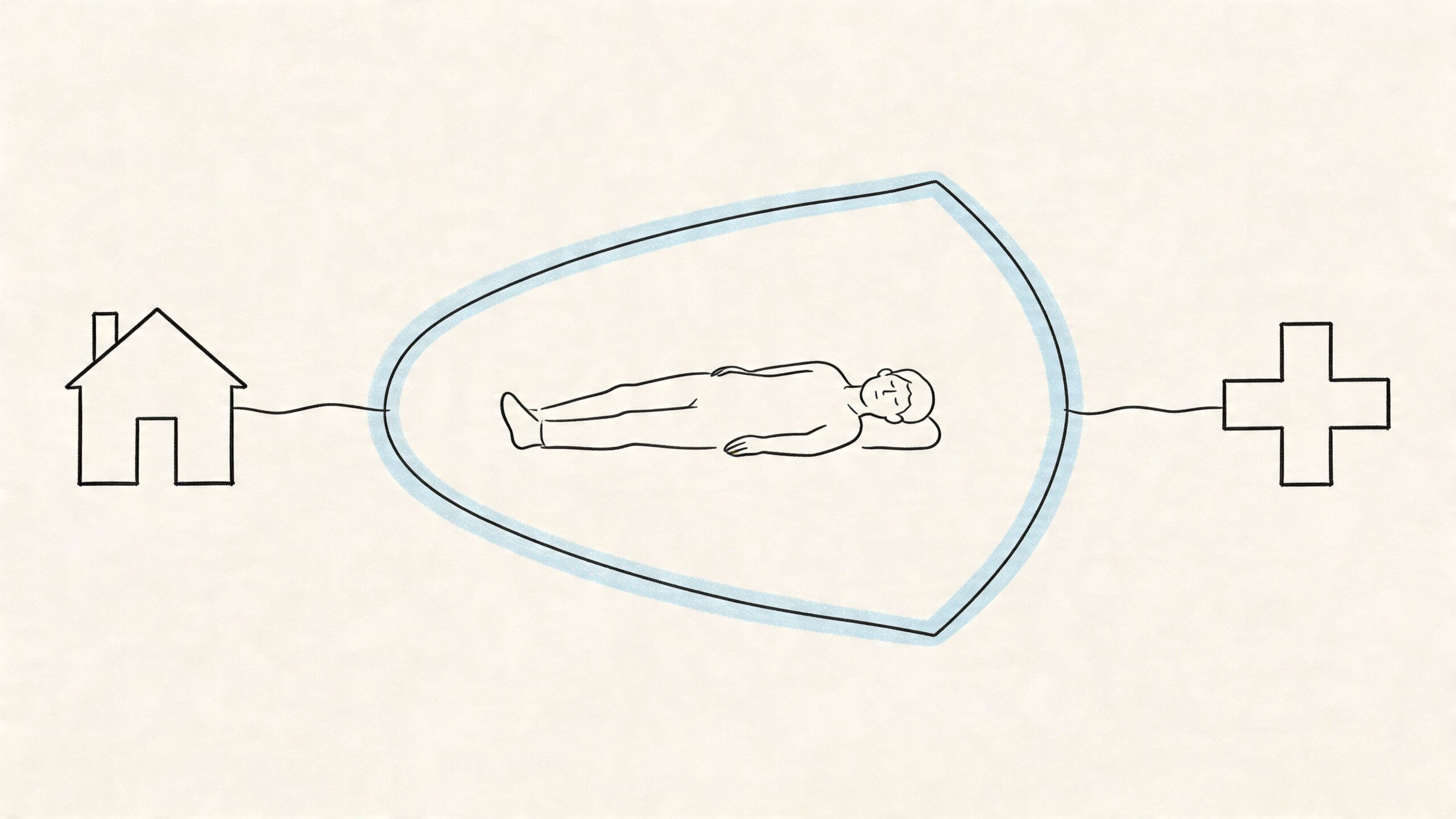 8 Tipos de Poder Notarial en España: Guía 2026 3 Ilustración lineal de una persona recostada protegida por un escudo entre un hogar y un hospital.