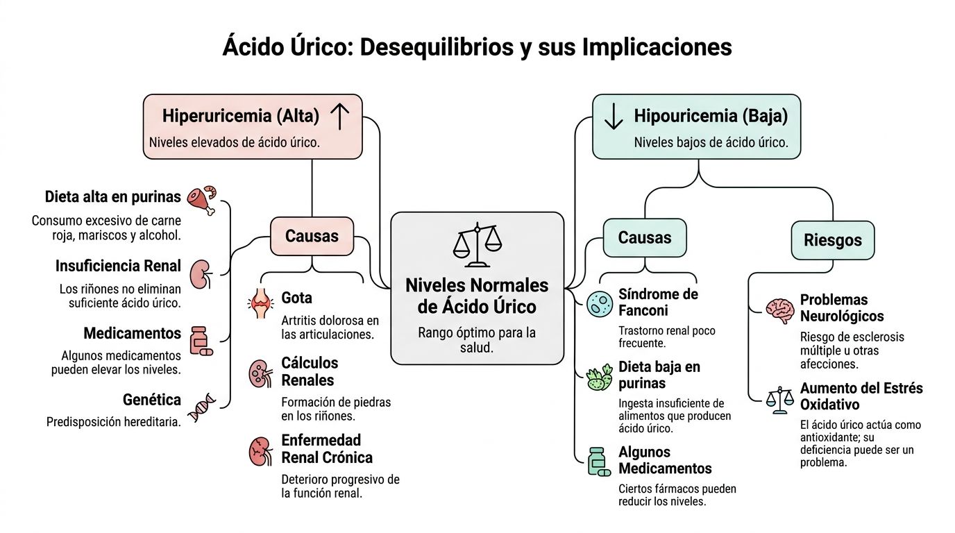 Acido urico valores normales: Guía completa 2026 2 Infografía sobre causas y riesgos relacionados con niveles anormales, altos o bajos, de ácido úrico en sangre.