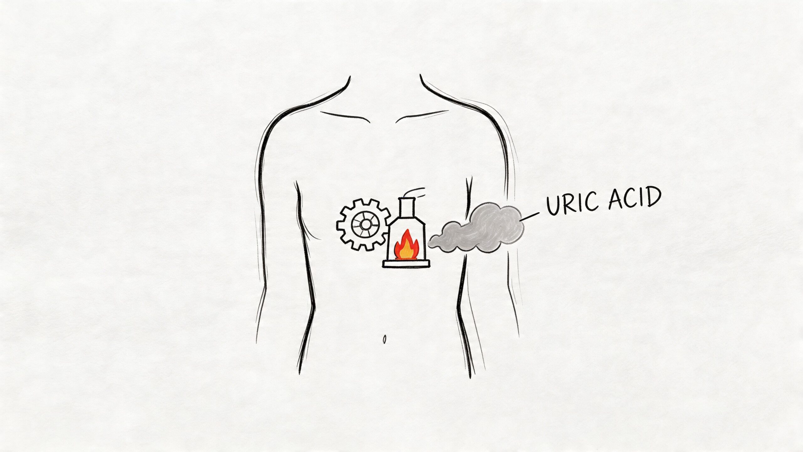 Acido urico valores normales: Guía completa 2026 1 Representación ilustrada del cuerpo humano con un engranaje y una chimenea emitiendo humo etiquetado como ácido úrico.