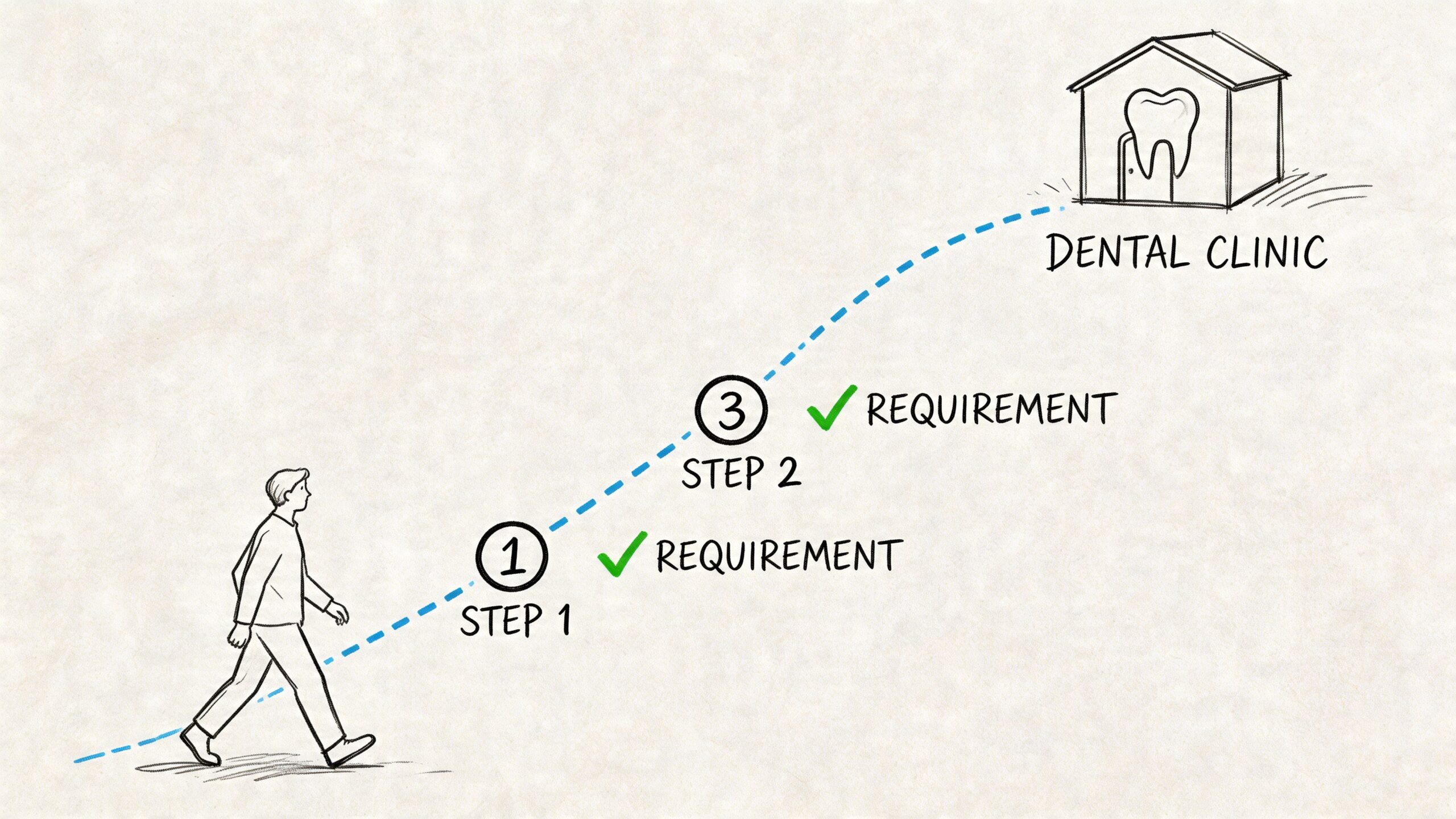 Que cubre dentista seguridad social: ¿Qué cubre dentista 2 Ilustración de una persona caminando hacia una clínica dental siguiendo un proceso de pasos numerados con requisitos.