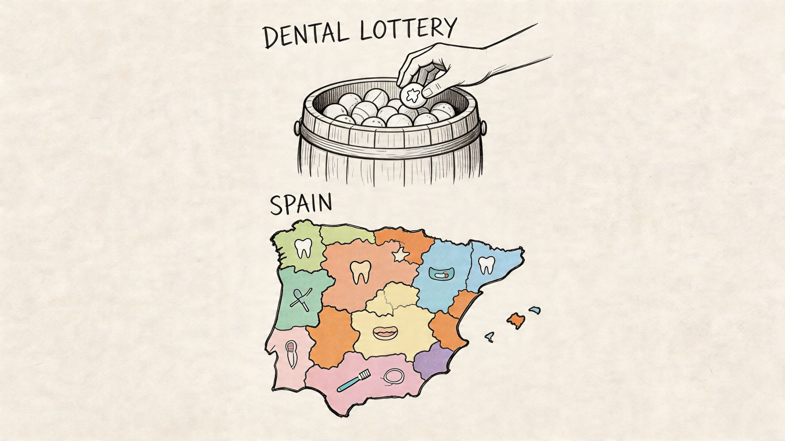 Que cubre dentista seguridad social: ¿Qué cubre dentista 3 Una ilustración que representa la lotería dental y el mapa de España con diferentes iconos dentales.