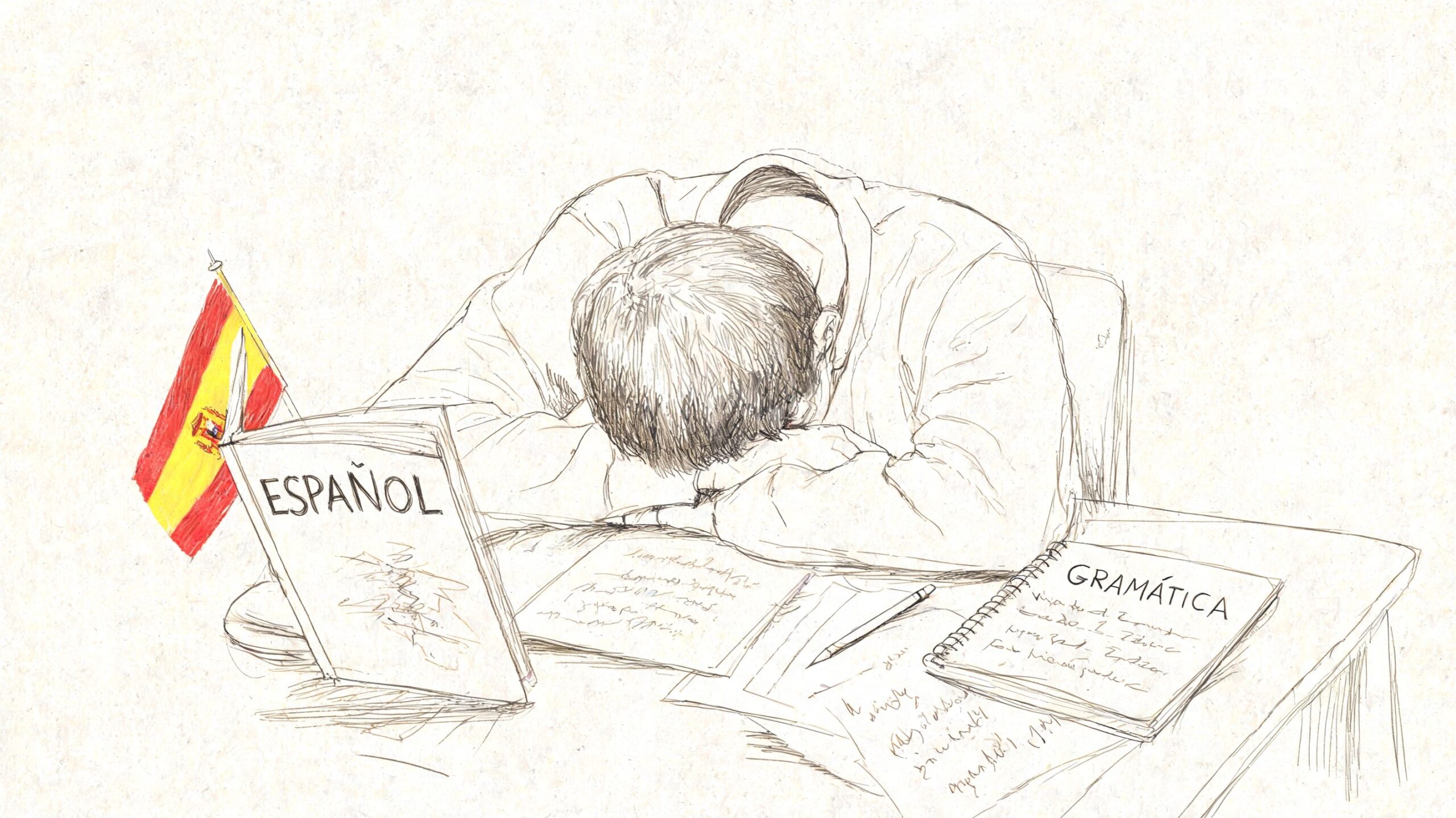 Supera la ansiedad y cansancio: Guía para sentirte mejor 1 Estudiante agotado durmiendo sobre un escritorio rodeado de libros de español y gramática, expresando cansancio académico.