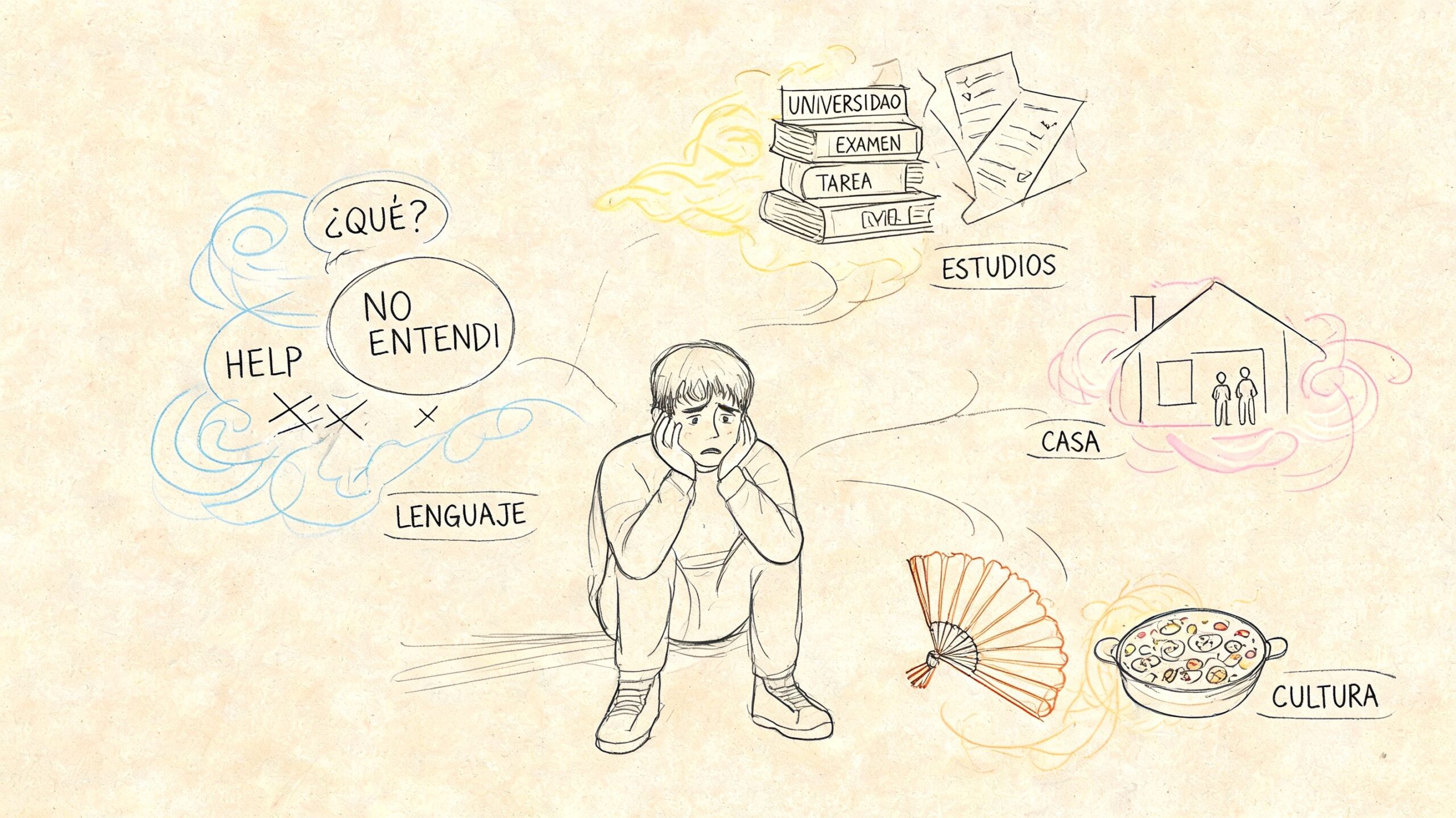 Supera la ansiedad y cansancio: Guía para sentirte mejor 3 Un dibujo estilo sketch muestra a un estudiante abrumado por el lenguaje, los estudios, la casa y la cultura.