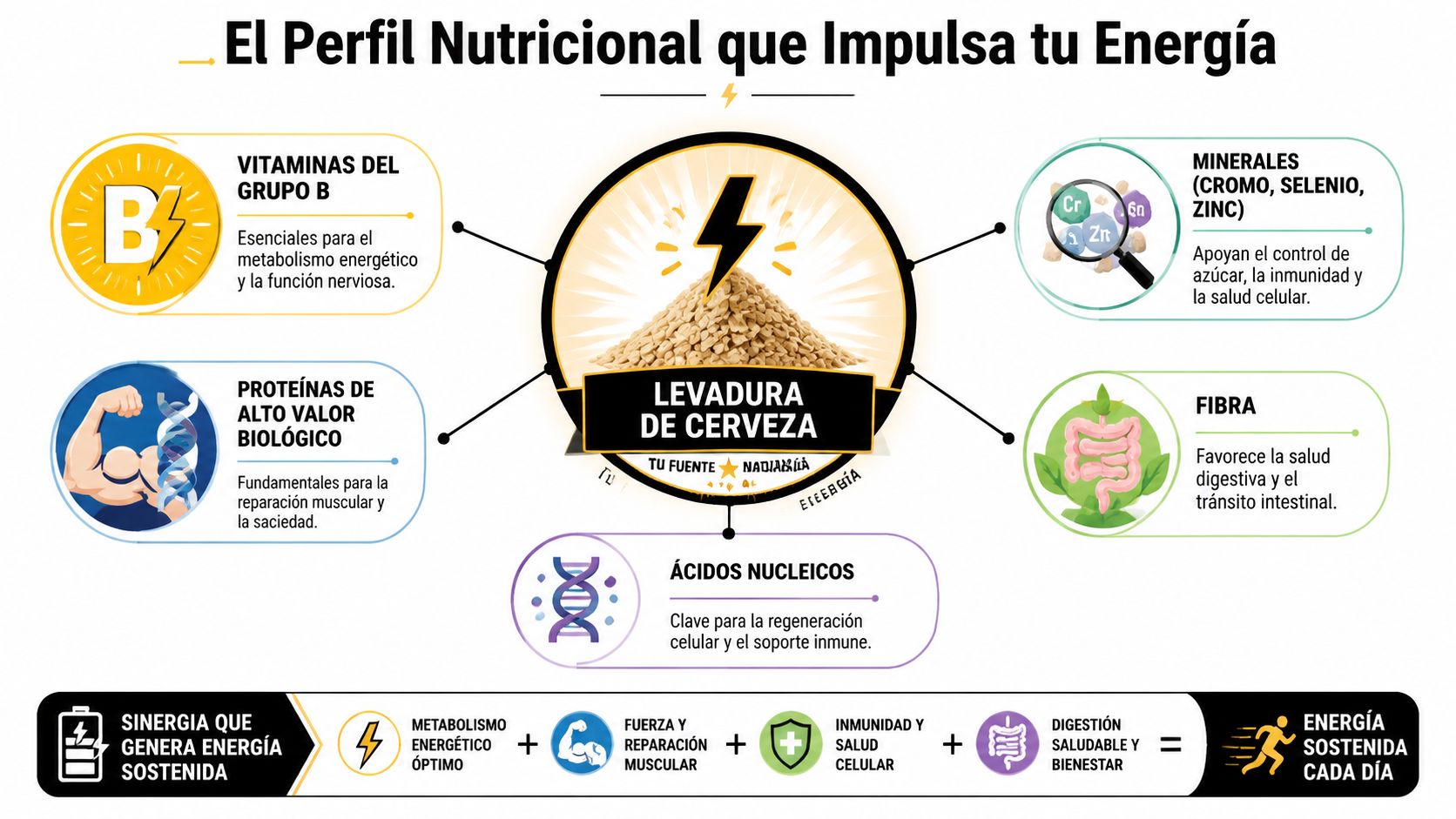 Beneficios levadura de cerveza: Usos, nutrición y dosis 2 Infografía sobre los beneficios nutricionales de la levadura de cerveza para la energía y salud diaria.
