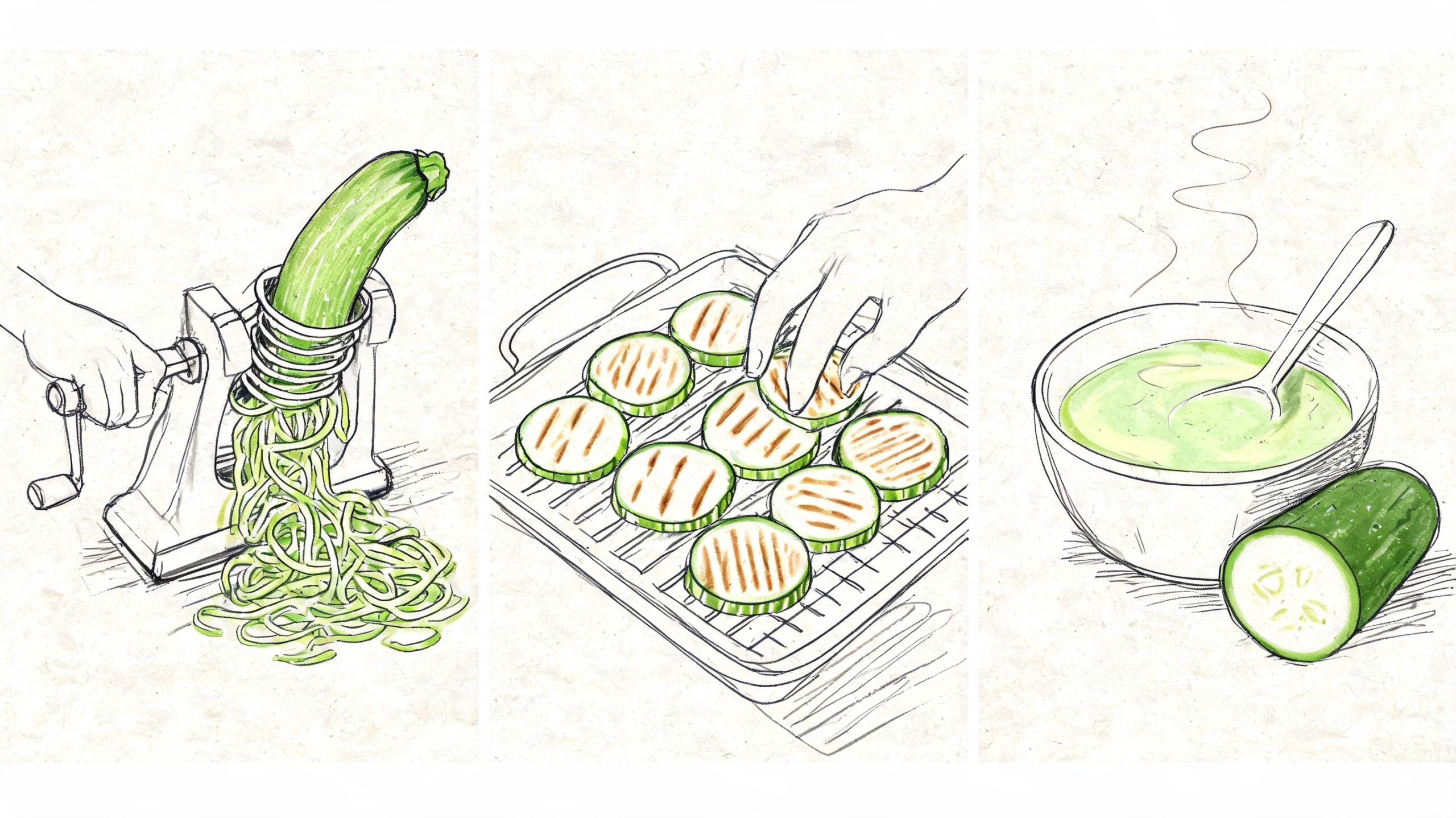 Conoce los beneficios del calabacin para tu salud en 2026 4 Ilustración de tres pasos para preparar calabacín, desde el espiralizado hasta cocinarlo a la parrilla y en sopa.