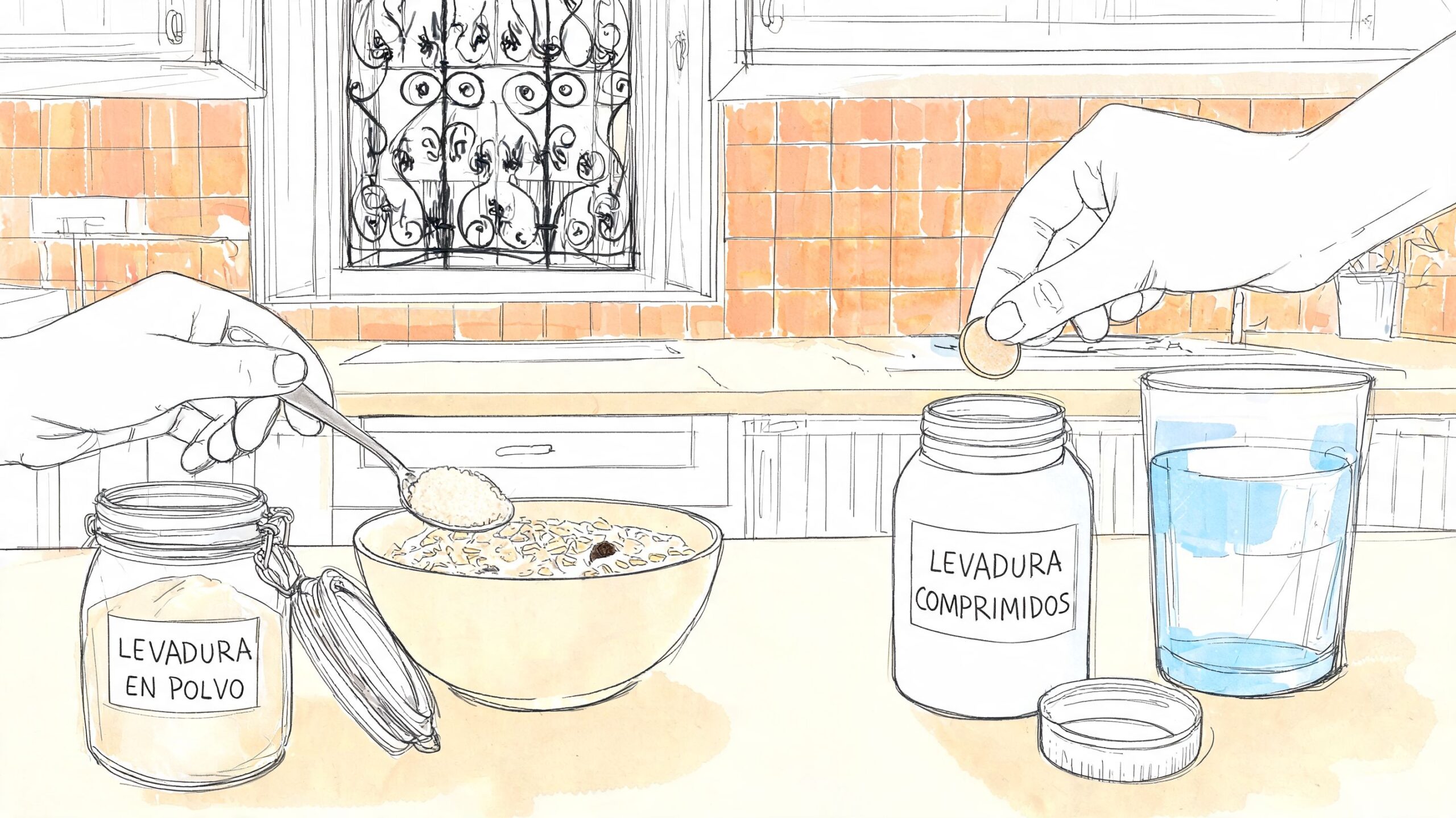 Beneficios levadura de cerveza: Usos, nutrición y dosis 4 Dos manos preparando suplementos de levadura en polvo y comprimidos en una cocina junto a un bol.