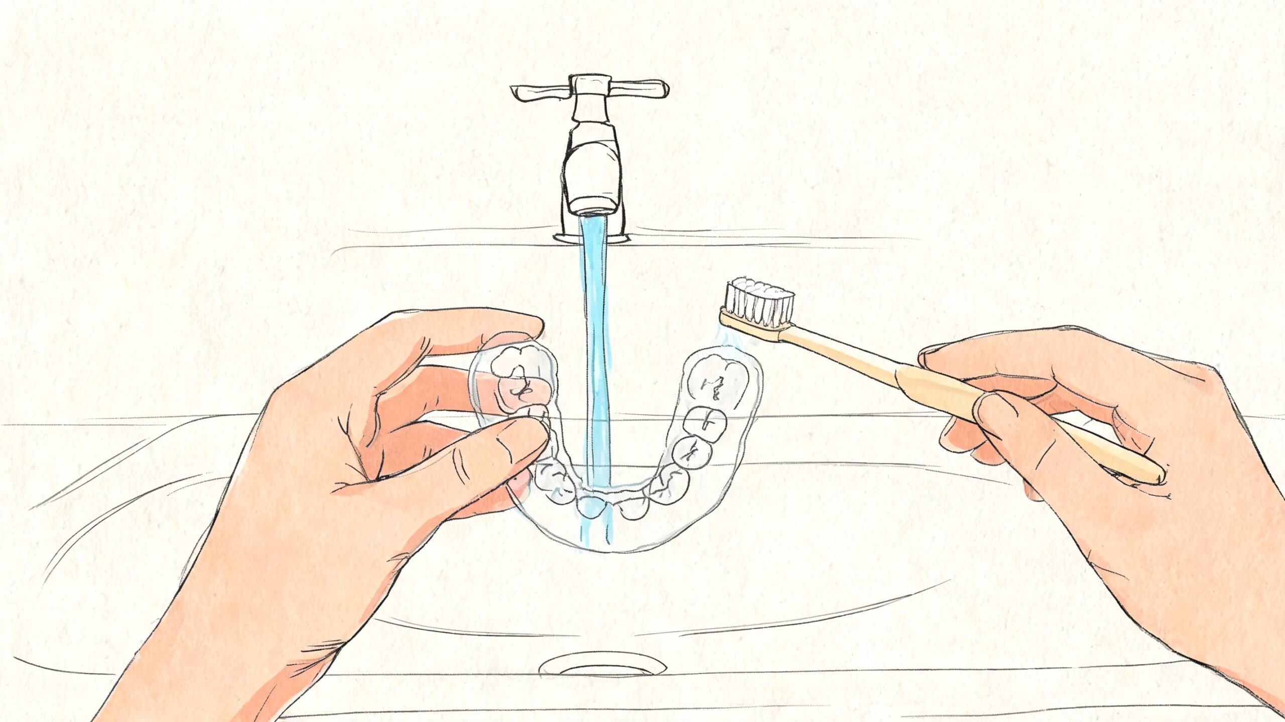 Cómo limpiar ferula dental: Guía rápida y segura 1 Una persona limpiando una férula dental transparente bajo el agua del grifo con un cepillo de dientes.