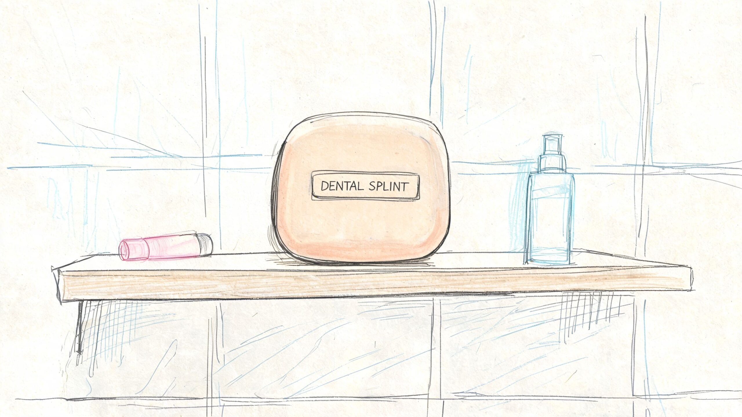 Cómo limpiar ferula dental: Guía rápida y segura 3 Ilustración de una encimera con un estuche de férula dental, un pequeño tubo rosa y un pulverizador.