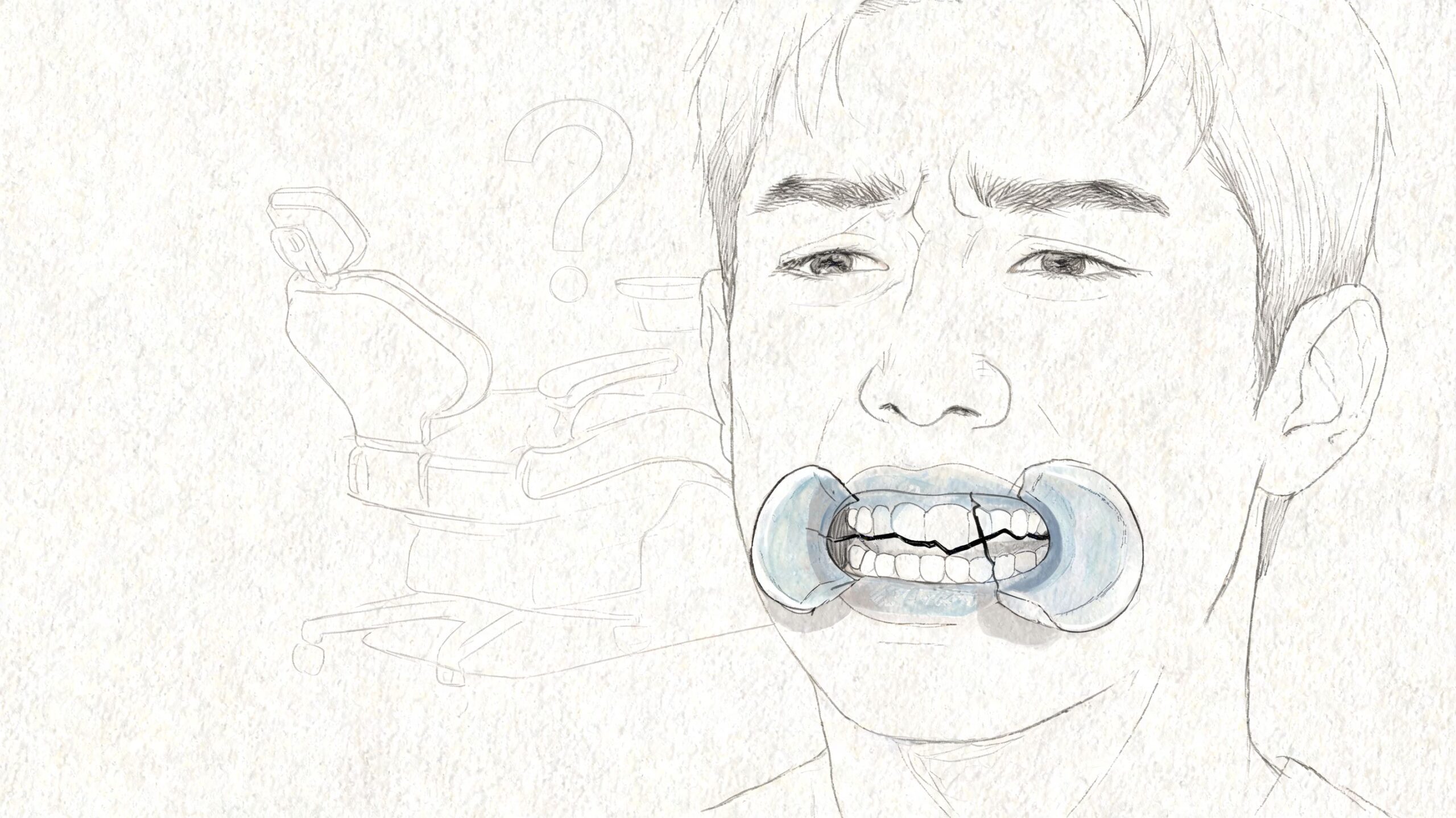 Cómo limpiar ferula dental: Guía rápida y segura 4 Hombre joven con una férula dental rota en la boca, mostrando preocupación ante una consulta odontológica.
