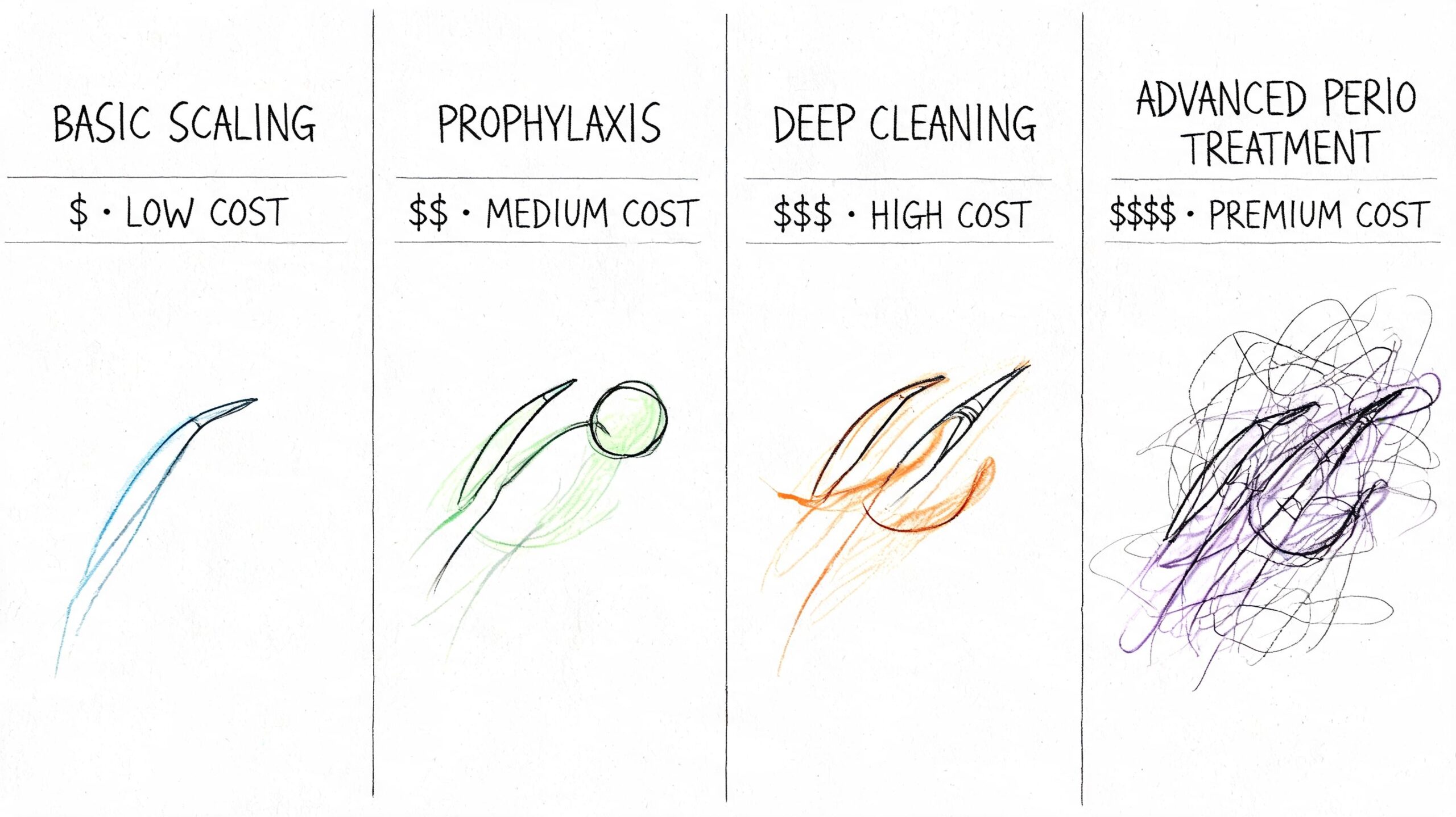 Precios de limpieza dental en España: Guía 2026 1 Ilustración que muestra cuatro niveles de limpieza dental con sus respectivos costos, desde básico hasta avanzado.