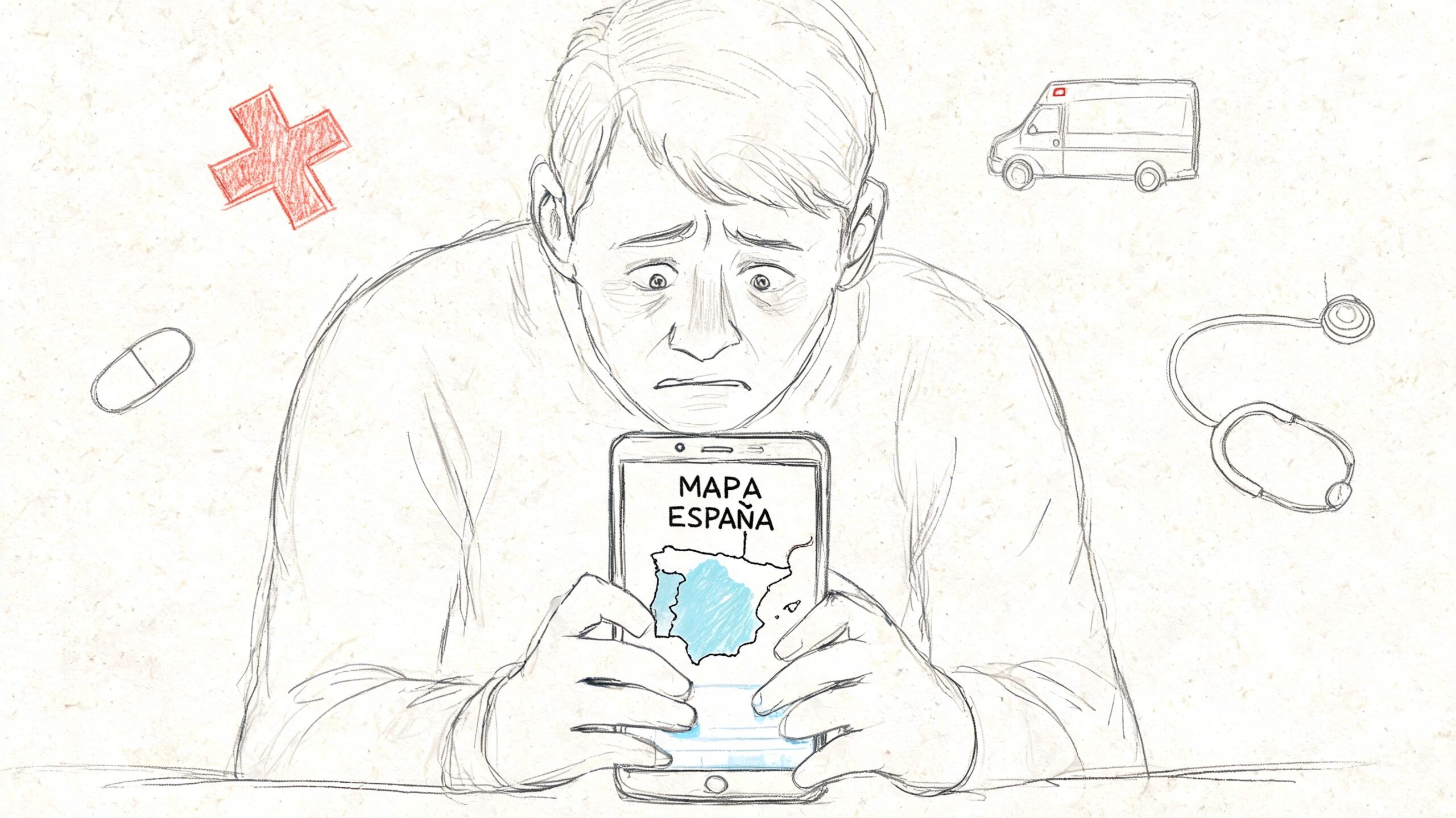 Urgencias Hospital General: Guía para Estudiantes en España 1 Hombre preocupado mirando un mapa de España en su teléfono móvil rodeado de símbolos médicos y hospitalarios.