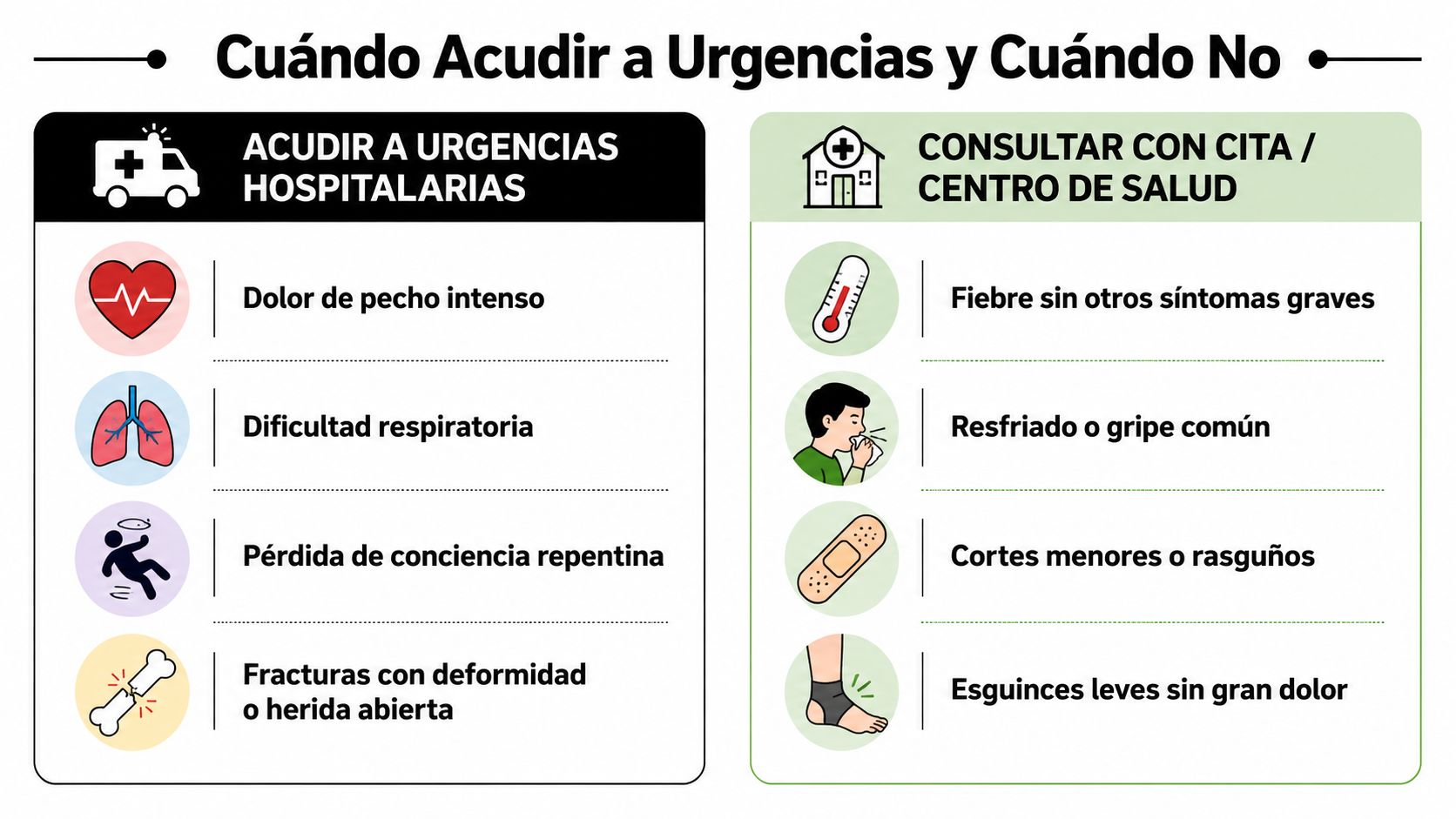 Urgencias Hospital General: Guía para Estudiantes en España 2 Infografía que muestra cuándo acudir a urgencias hospitalarias y cuándo consultar con cita en centro de salud.