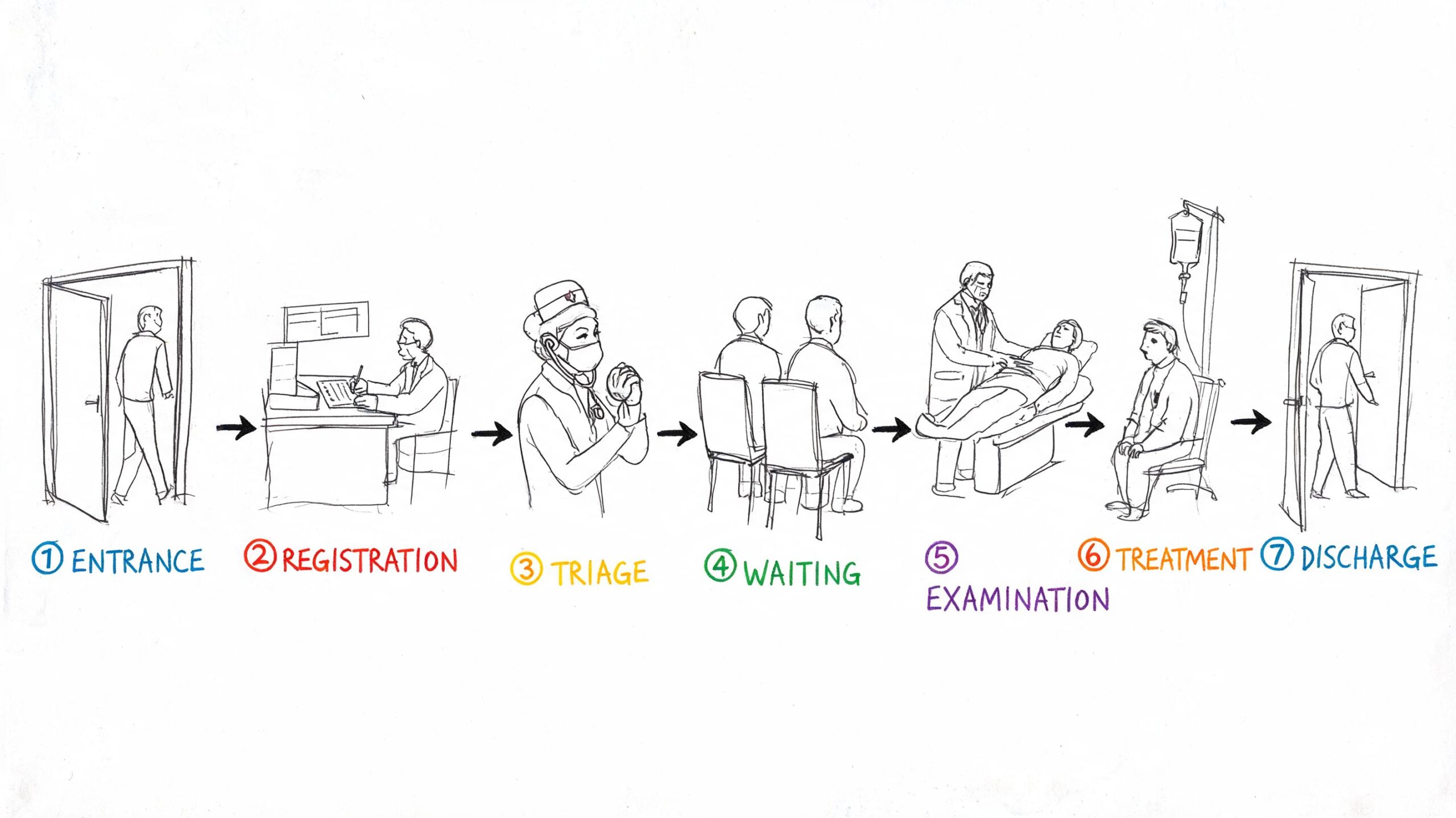 Urgencias Hospital General: Guía para Estudiantes en España 3 Ilustración que muestra los siete pasos del proceso de atención en un servicio de urgencias de un hospital.