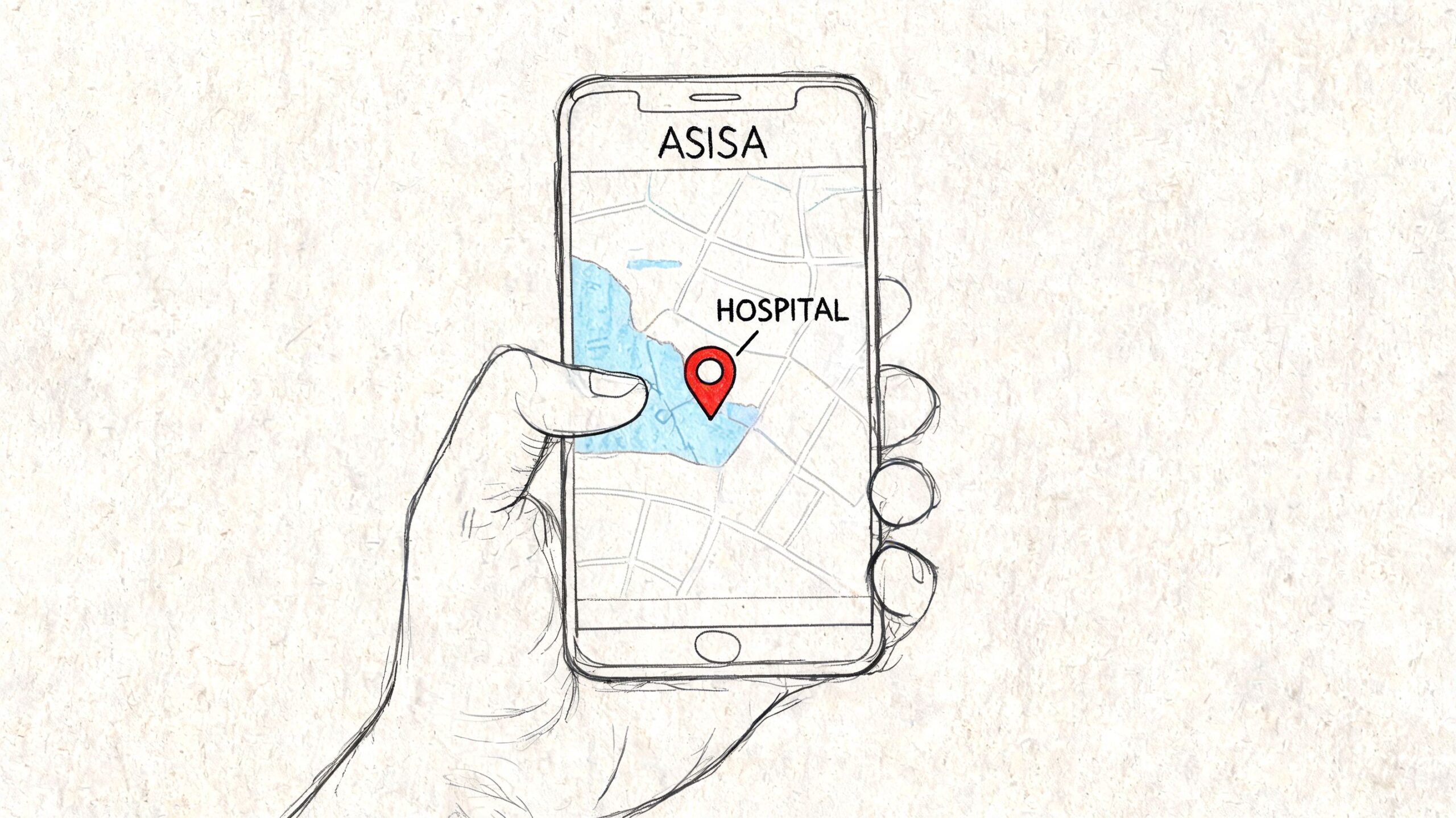 Urgencias Hospital General: Guía para Estudiantes en España 4 Dibujo a mano de una mano sosteniendo un teléfono inteligente mostrando un hospital en el mapa.