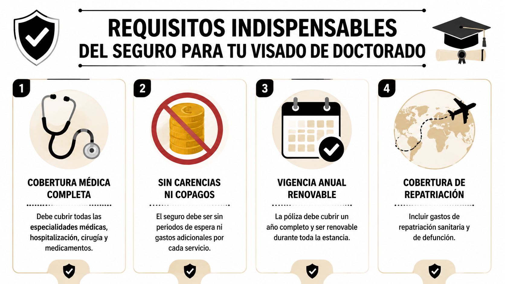 Seguro médico estudiante de doctorado España: Seguro médico 1 Infografía sobre los requisitos indispensables del seguro médico para obtener un visado de estudiante de doctorado en España.
