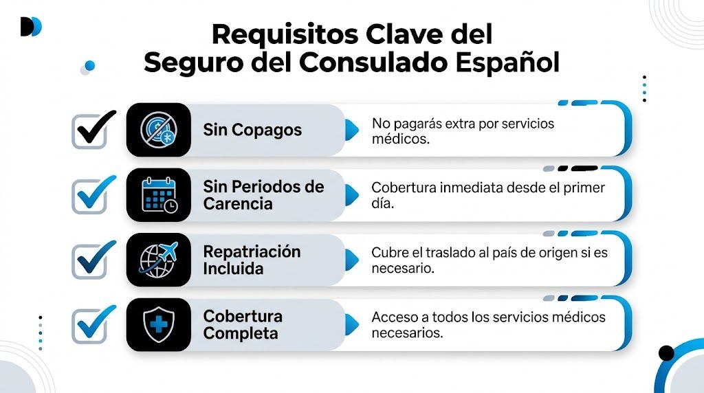 Seguro médico para visado de estudiante España 1 Requisitos clave del seguro médico para visados del consulado español: sin copagos, sin periodos de carencia y repatriación.