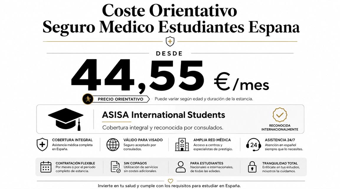 Seguro médico para visado de estudiante España 4 Anuncio de seguro médico para estudiantes internacionales en España con un coste desde 44,55 euros al mes.