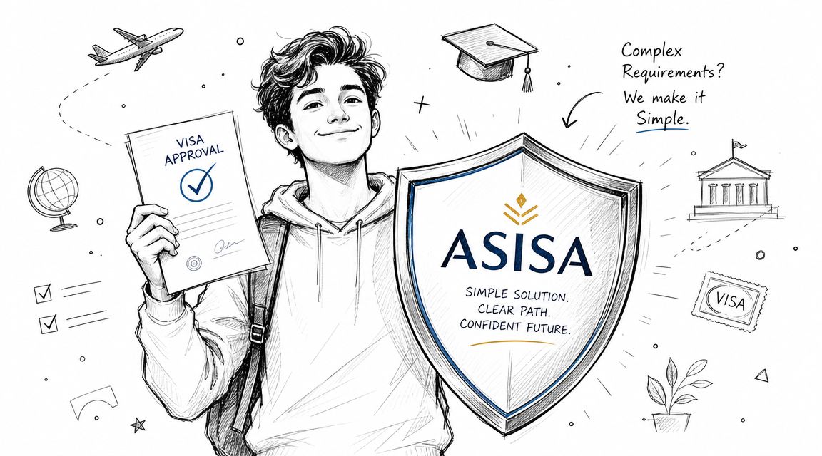 Seguro médico para visado de estudiante España 3 Joven sonriente sosteniendo un documento de aprobación de visado junto a un escudo protector de la marca Asisa.