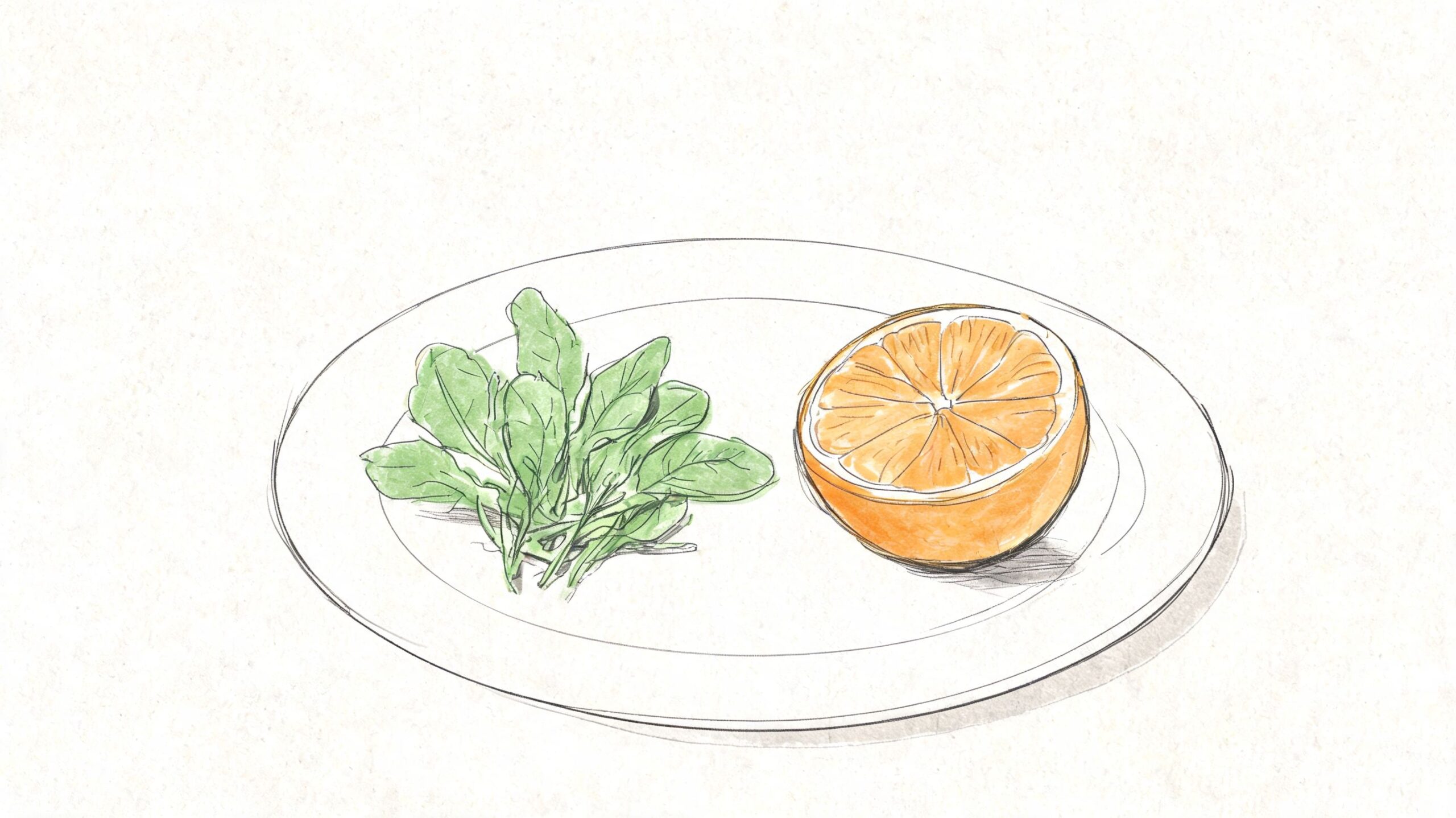 10 alimentos ricos en hierro para la anemia 2 Una ilustración sencilla de hojas de espinaca junto a una mitad de naranja fresca servidas sobre plato.