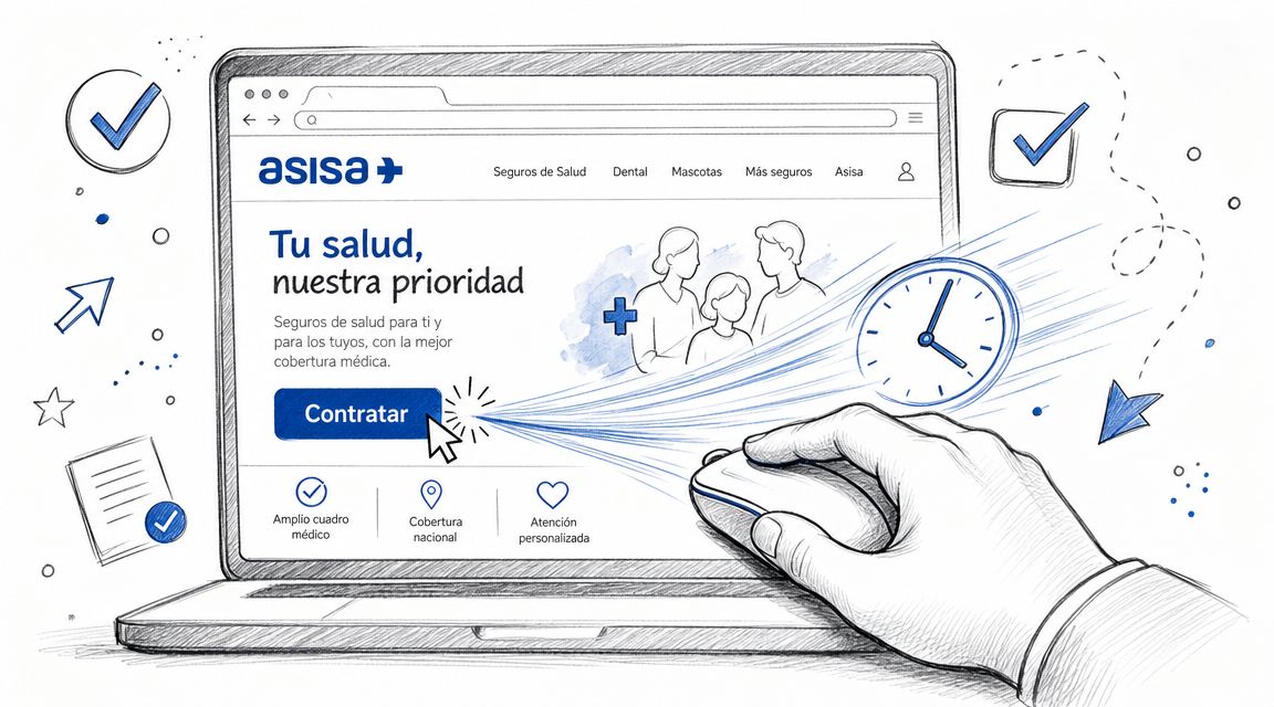 Seguro Médico Obligatorio Estudiante España: Tu Visado 2026 2 Dibujo estilo boceto de una mano haciendo clic en el botón contratar de un sitio web de seguros.