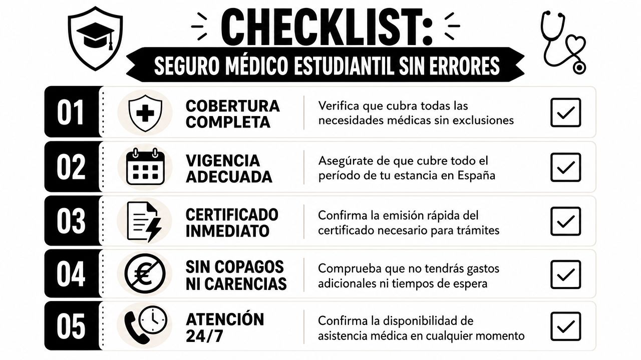 Seguro Médico Obligatorio Estudiante España: Tu Visado 2026 3 Lista de verificación para elegir un seguro médico de estudiante en España sin errores comunes.