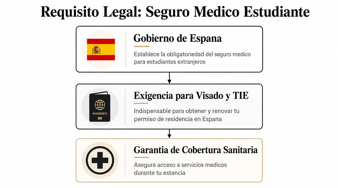 Seguro Médico Obligatorio Estudiante España: Tu Visado 2026 1 Diagrama informativo sobre la obligatoriedad del seguro médico para estudiantes extranjeros residiendo en España.
