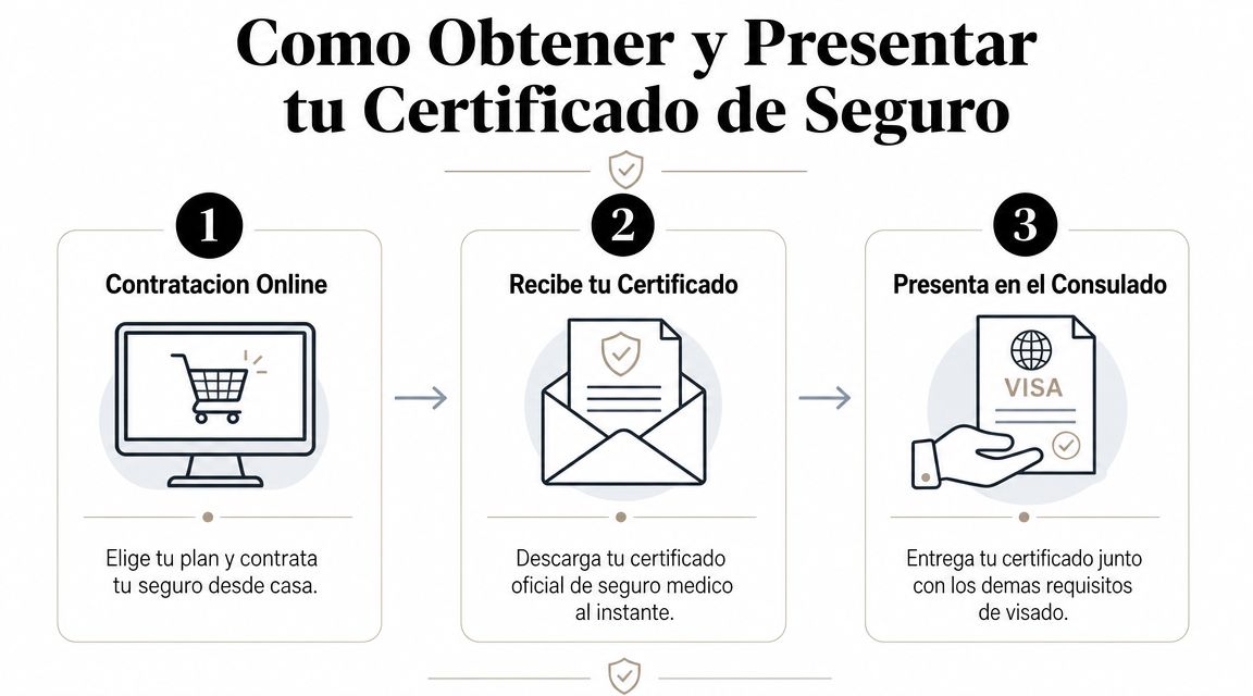 Seguro médico para visado de estudiante España 2 Infografía de tres pasos sobre cómo contratar y presentar un certificado de seguro médico para visados.