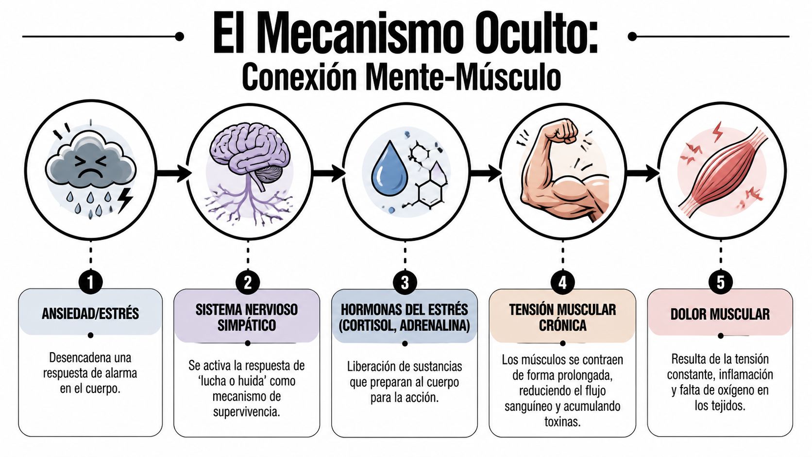 Dolor Muscular por Ansiedad: Guía para Aliviarlo en España 1 Diagrama del mecanismo oculto de la conexión mente-músculo sobre cómo el estrés causa dolor muscular crónico.