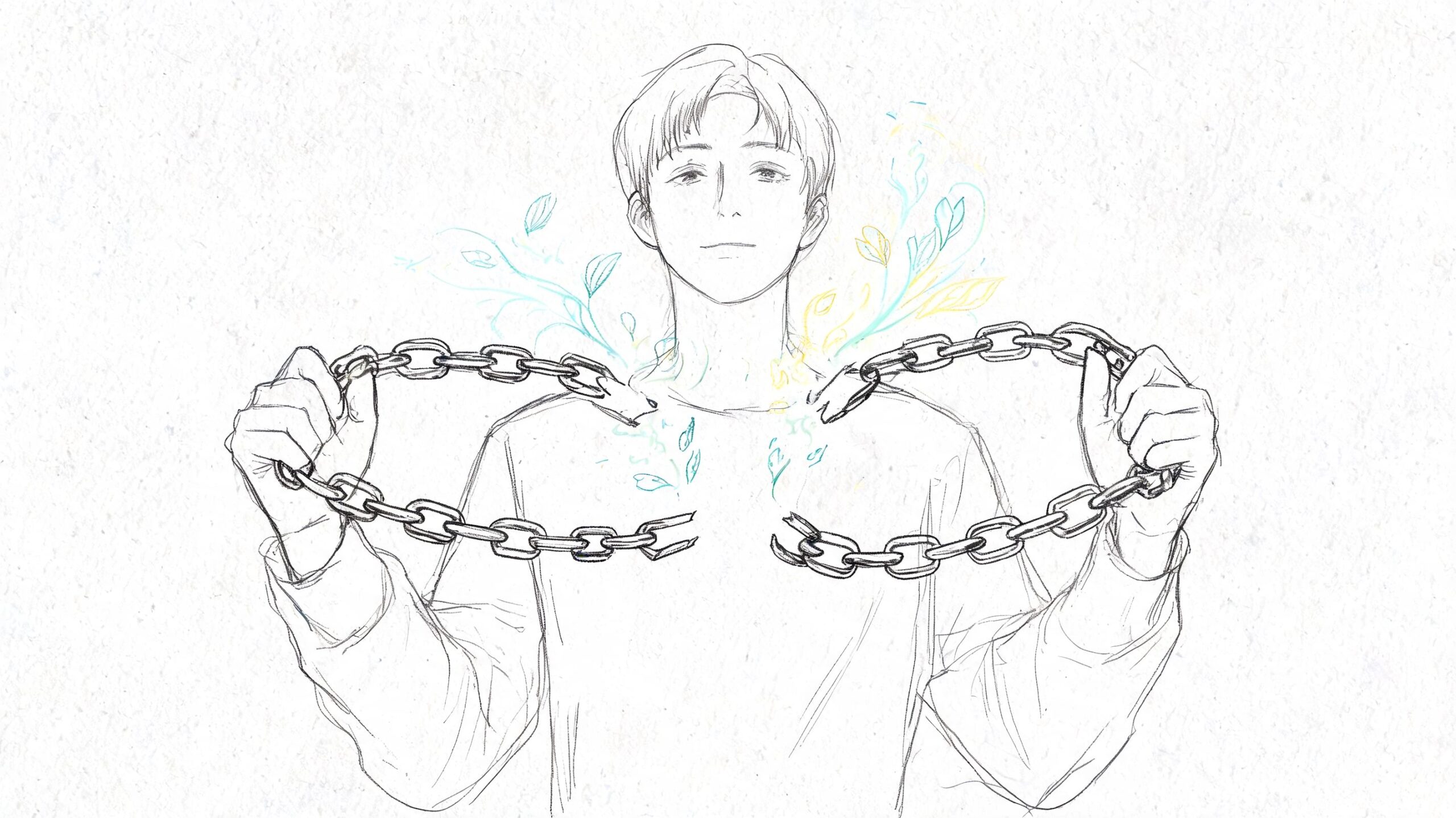 Dolor Muscular por Ansiedad: Guía para Aliviarlo en España 2 Un dibujo lineal que representa a un joven liberándose de cadenas, simbolizando la superación de la ansiedad emocional.