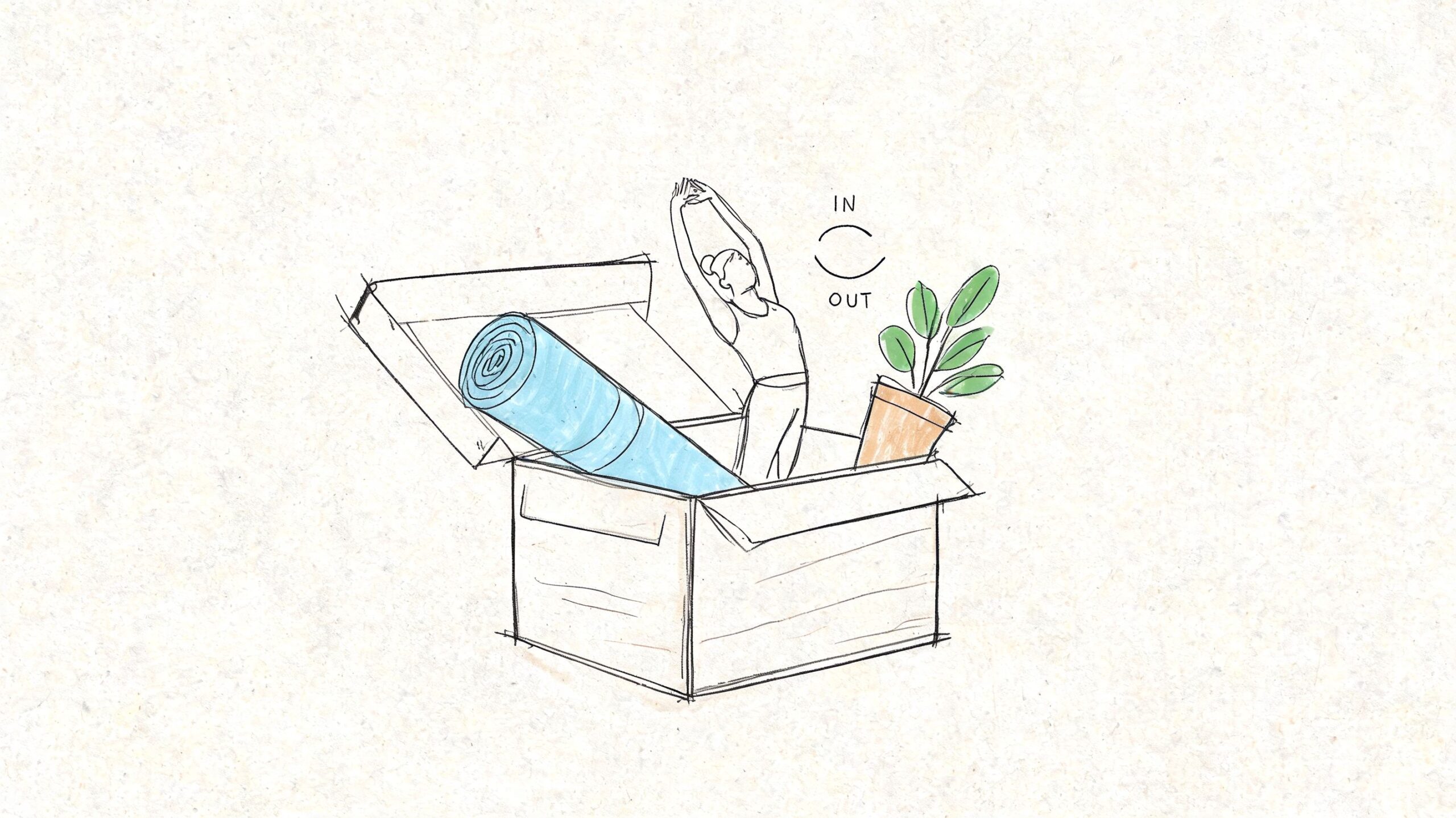 Dolor Muscular por Ansiedad: Guía para Aliviarlo en España 3 Una ilustración de una mujer estirándose al salir de una caja abierta con una alfombra de yoga.