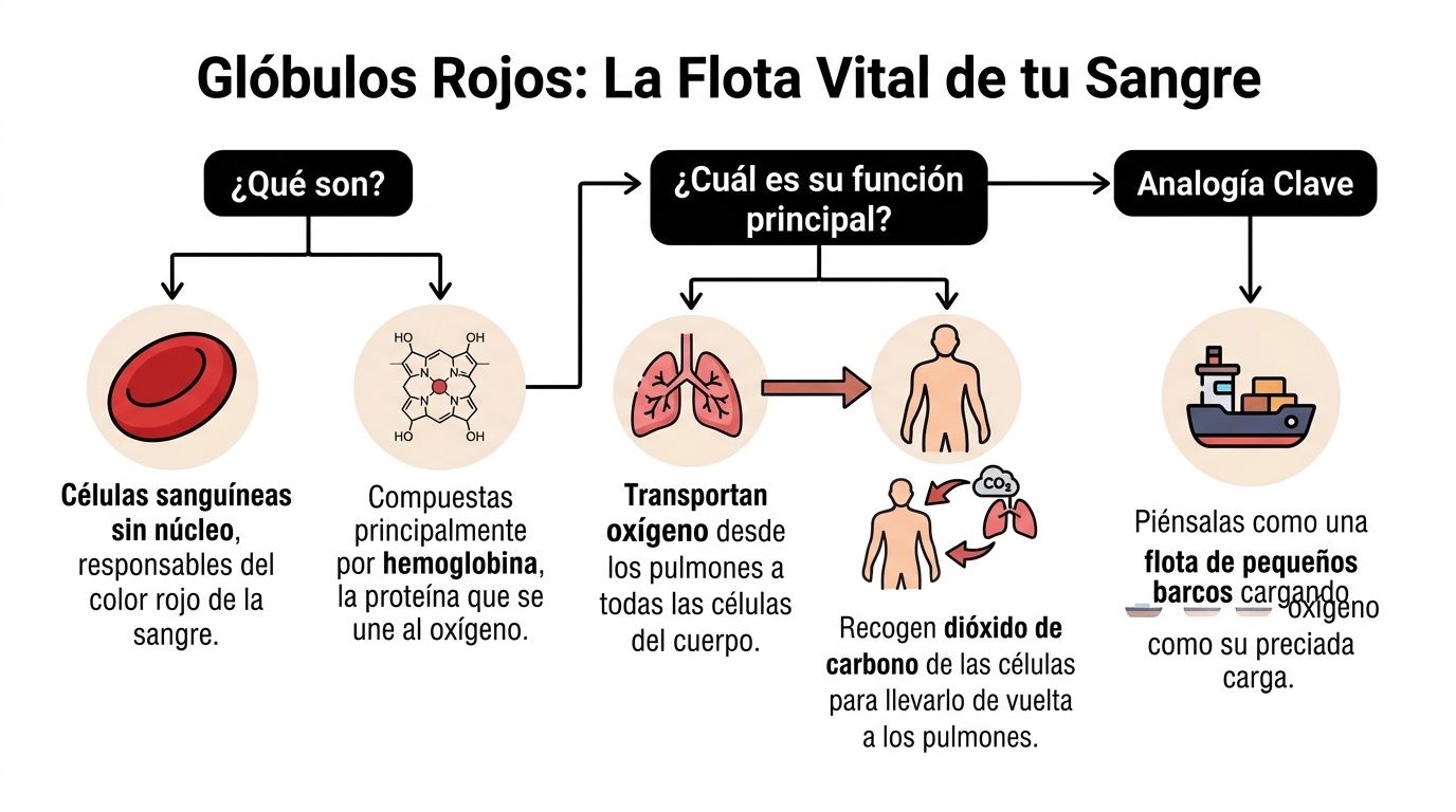 Hematies en sangre: interpreta tu analítica 1 Infografía sobre los glóbulos rojos, detallando su función de transporte de oxígeno y dióxido de carbono.
