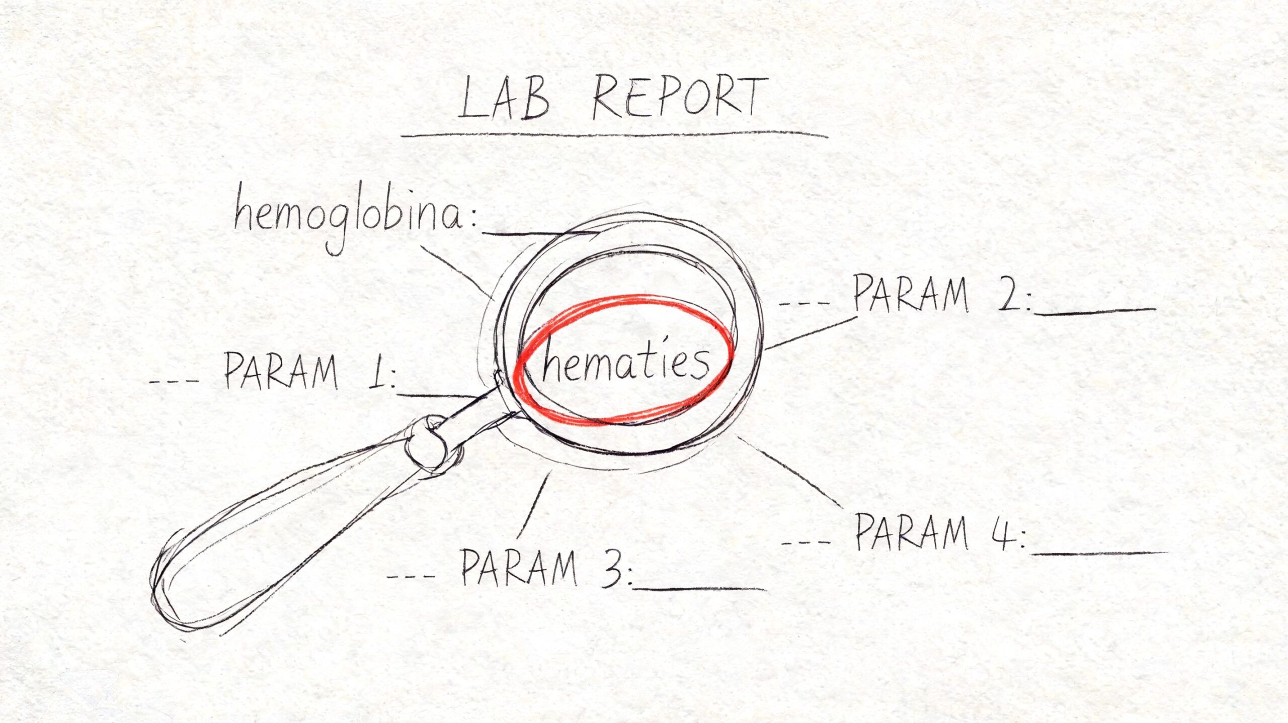 Hematies en sangre: interpreta tu analítica 4 Ilustración de un reporte de laboratorio médico enfocándose en el estudio de los hematíes y otros parámetros.