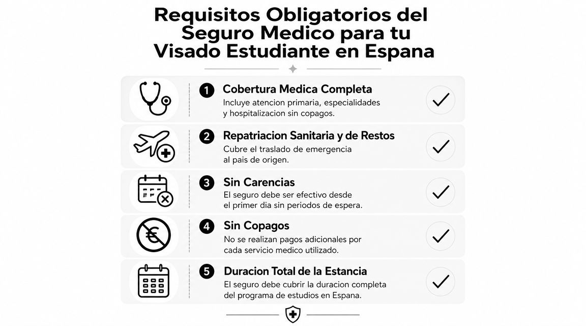 Guía: Requisitos seguro médico visado estudiante España 2026 1 Lista de cinco requisitos obligatorios para contratar un seguro médico para el visado de estudiante en España.