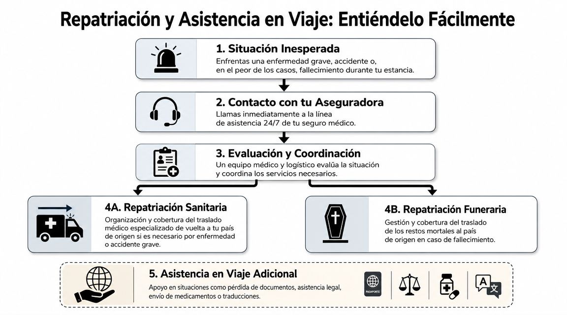 Seguro médico estudiante España: Coberturas clave para tu 3 Infografía sobre el proceso de repatriación y asistencia médica en viaje para estudiantes internacionales.