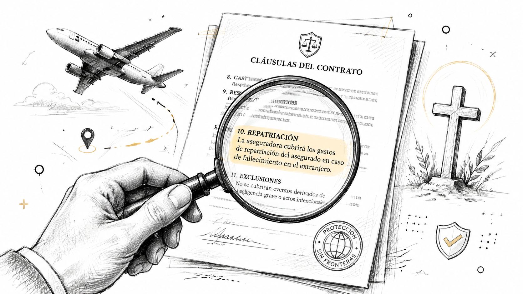 Guía: Requisitos seguro médico visado estudiante España 2026 2 Una lupa enfocando una cláusula de contrato sobre repatriación funeraria en un seguro de viaje internacional.