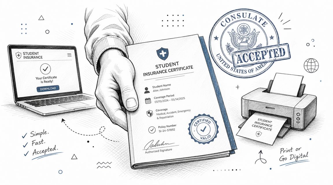 Guía: Requisitos seguro médico visado estudiante España 2026 3 Una mano sosteniendo un certificado de seguro médico estudiantil junto a un ordenador portátil y una impresora.