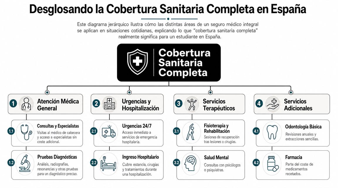 Seguro médico estudiante España qué cubre: todo para tu 2 Diagrama detallado sobre la cobertura sanitaria completa y sus servicios médicos integrales para estudiantes en España.